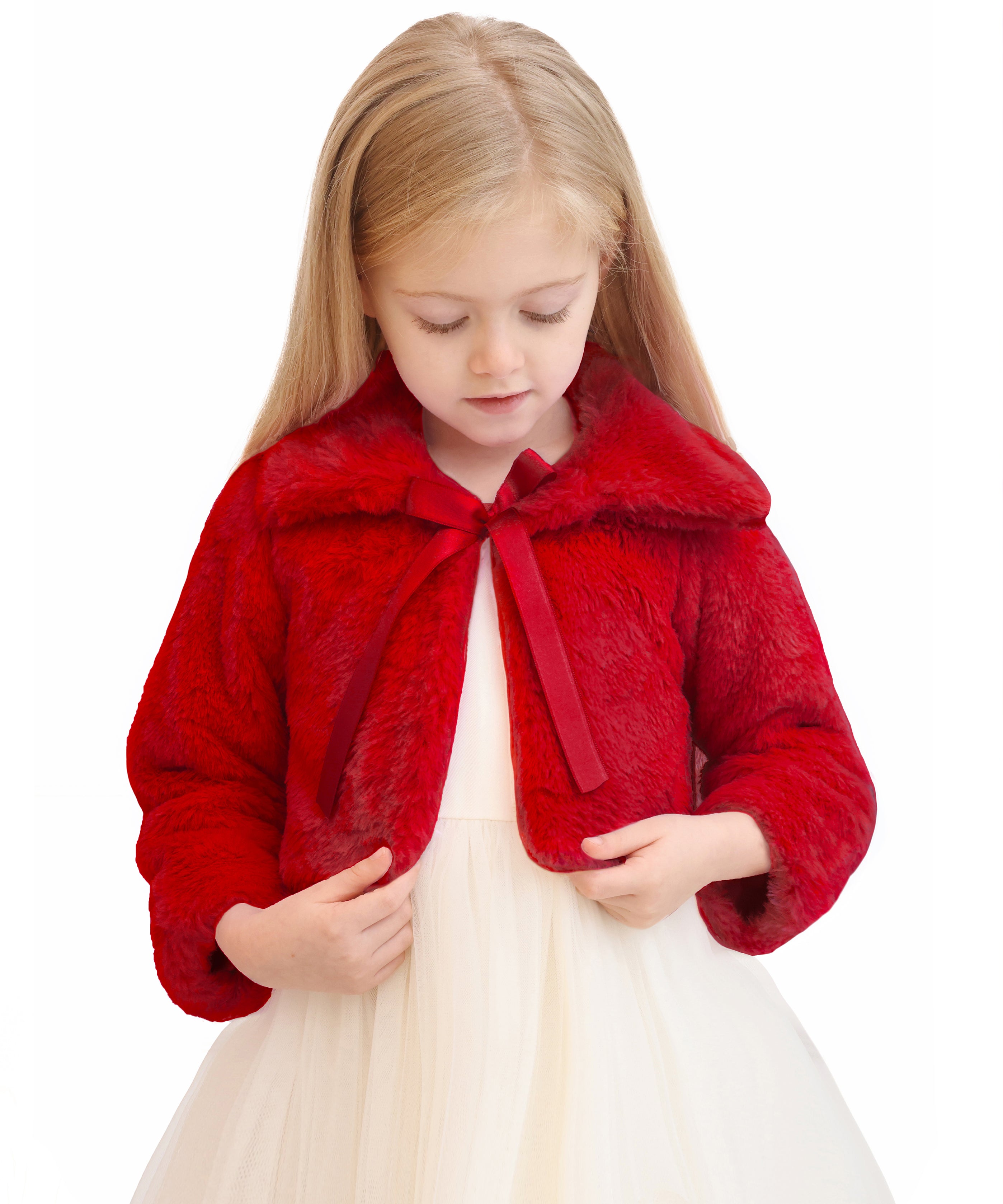 Puffy cozy girls’ bolero jacket with oversized collar and tied bow; perfect girls christmas dress and Christmas gift ideas 