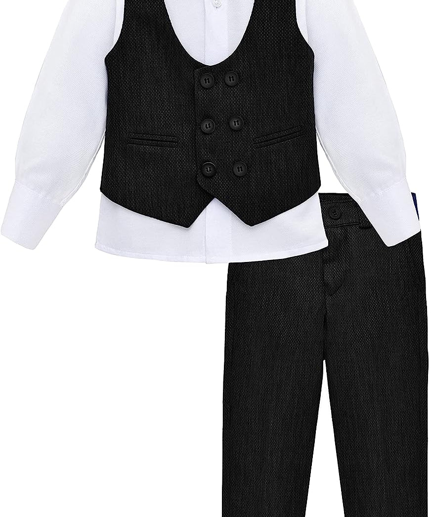 Boys 4 piece tuxedo suit with shirt, pants, vest and bow tie; perfect for baby boy clothes & christmas gift ideas  