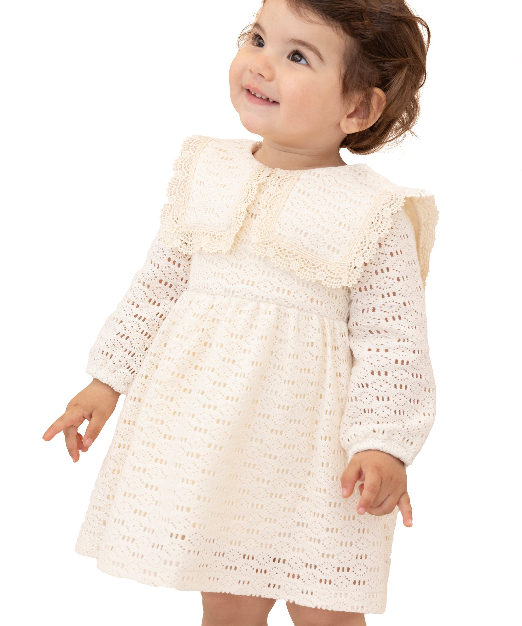 Baby girls lace detailed dress with oversized collars; perfect for baby girl clothes & christmas gift ideas  