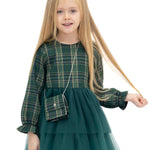 Girls' cotton plaid dress with attached tulle skirt; perfect girls christmas dress & Christmas gift ideas  