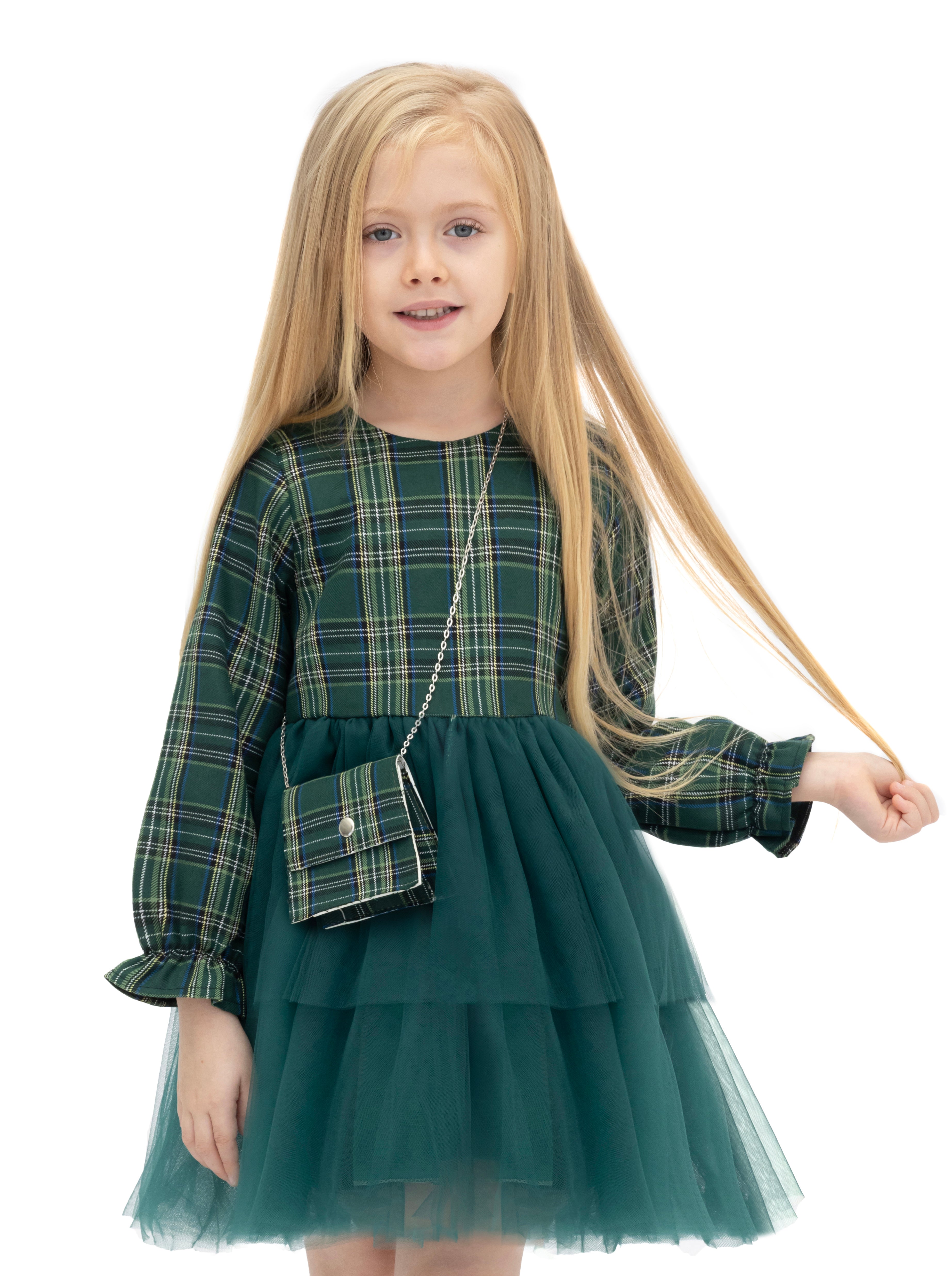 Girls' cotton plaid dress with attached tulle skirt; perfect girls christmas dress & Christmas gift ideas  