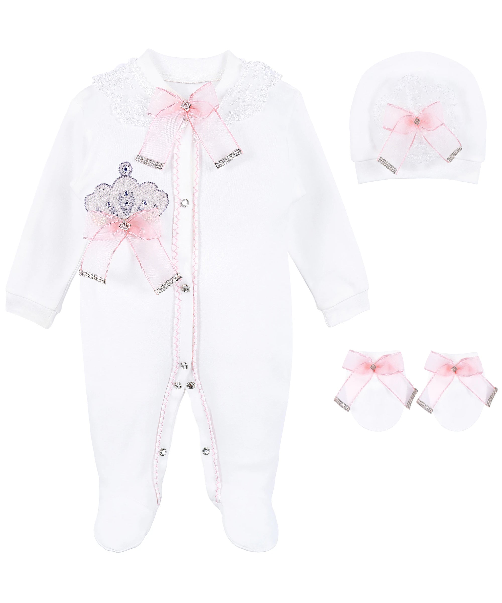 Jeweled crown newborn layette with footie, hat, mittens with bows; perfect christmas pajamas and Christmas gift ideas