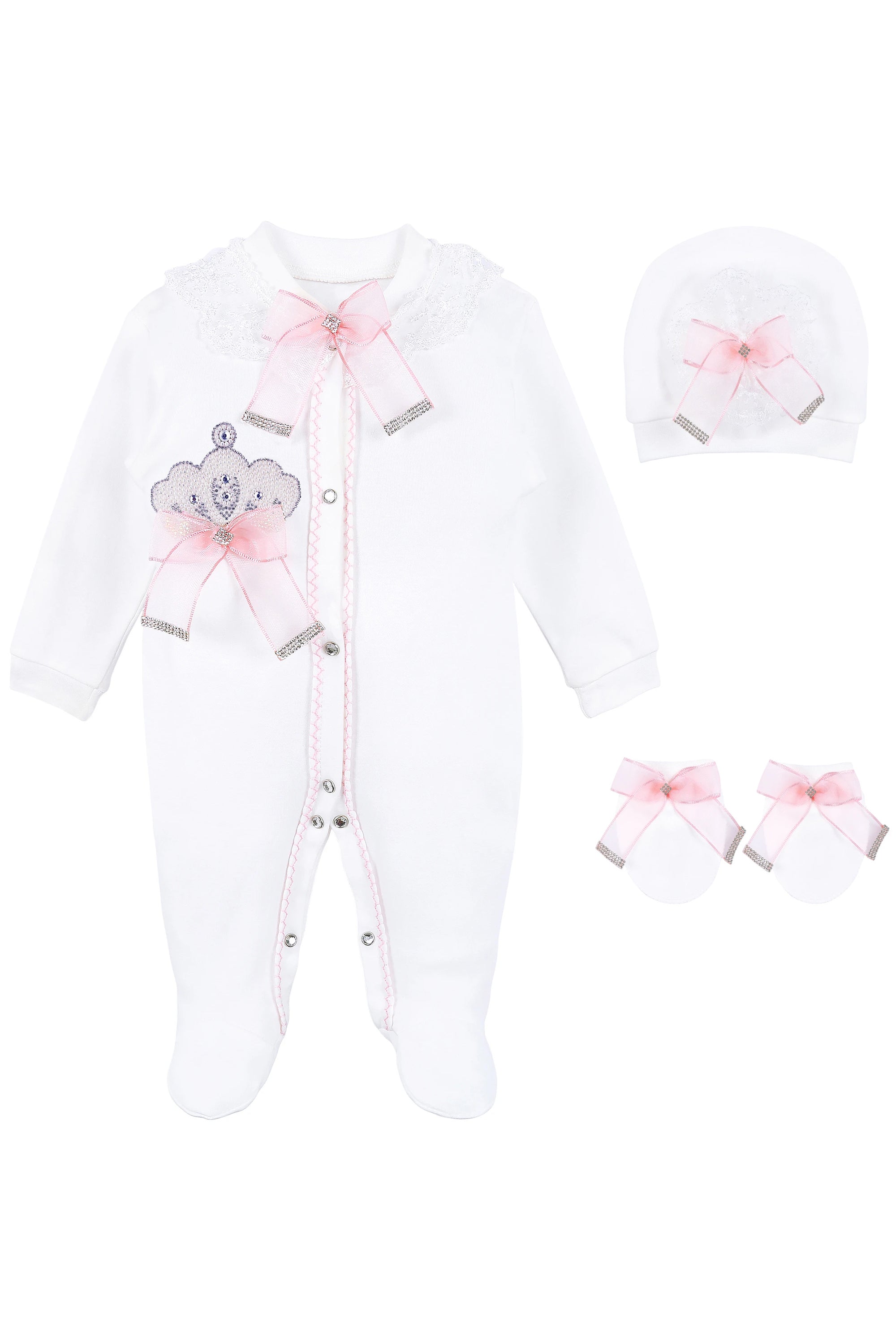 Jeweled crown newborn layette with footie, hat, mittens with bows; perfect christmas pajamas and Christmas gift ideas