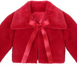 Puffy cozy girls’ bolero jacket with oversized collar and tied bow; perfect girls christmas dress and Christmas gift ideas