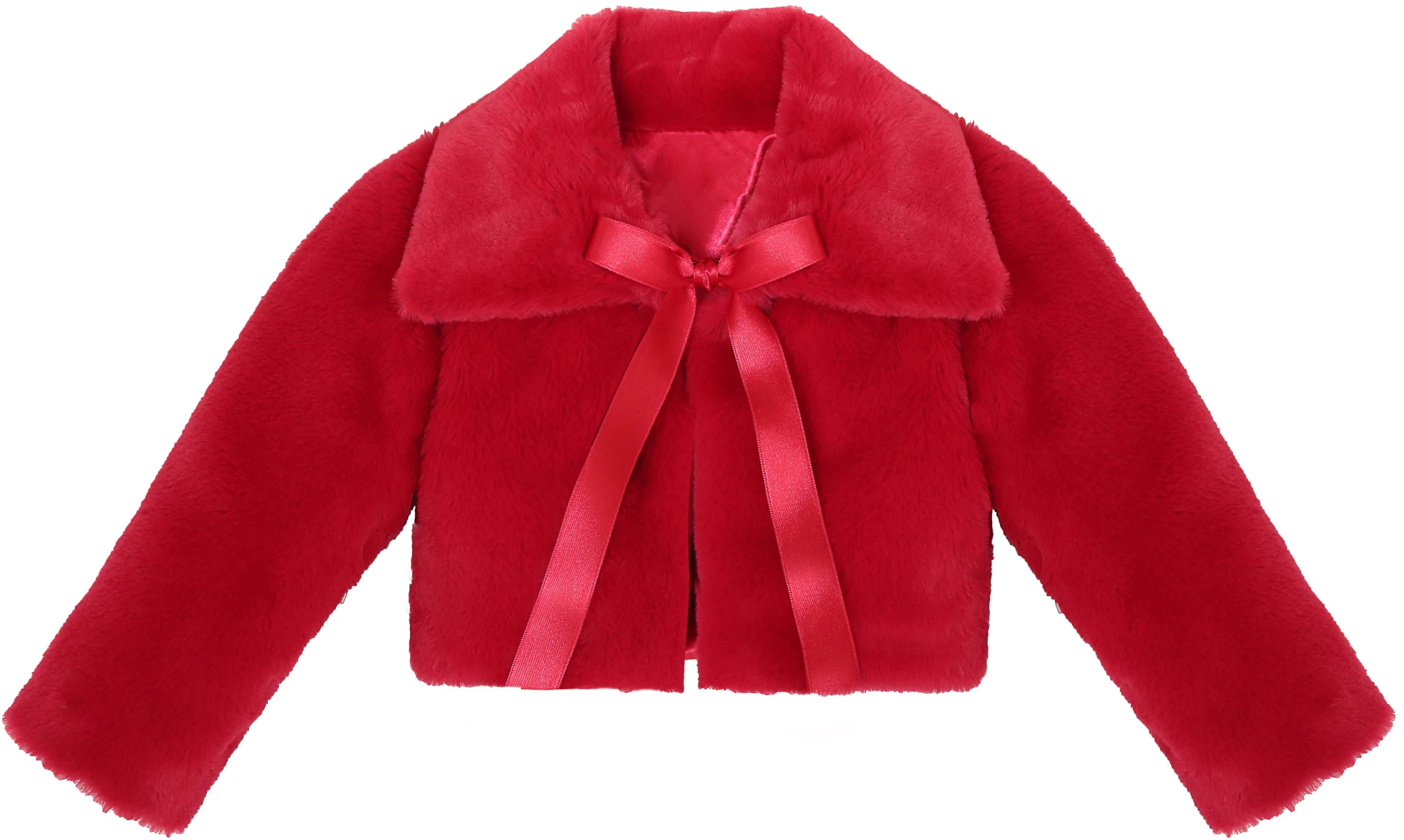 Puffy cozy girls’ bolero jacket with oversized collar and tied bow; perfect girls christmas dress and Christmas gift ideas