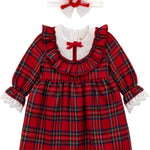 Plaid cotton baby girl clothes with ruffle and lace details and bows; perfect girls Christmas dress & Christmas gift ideas  