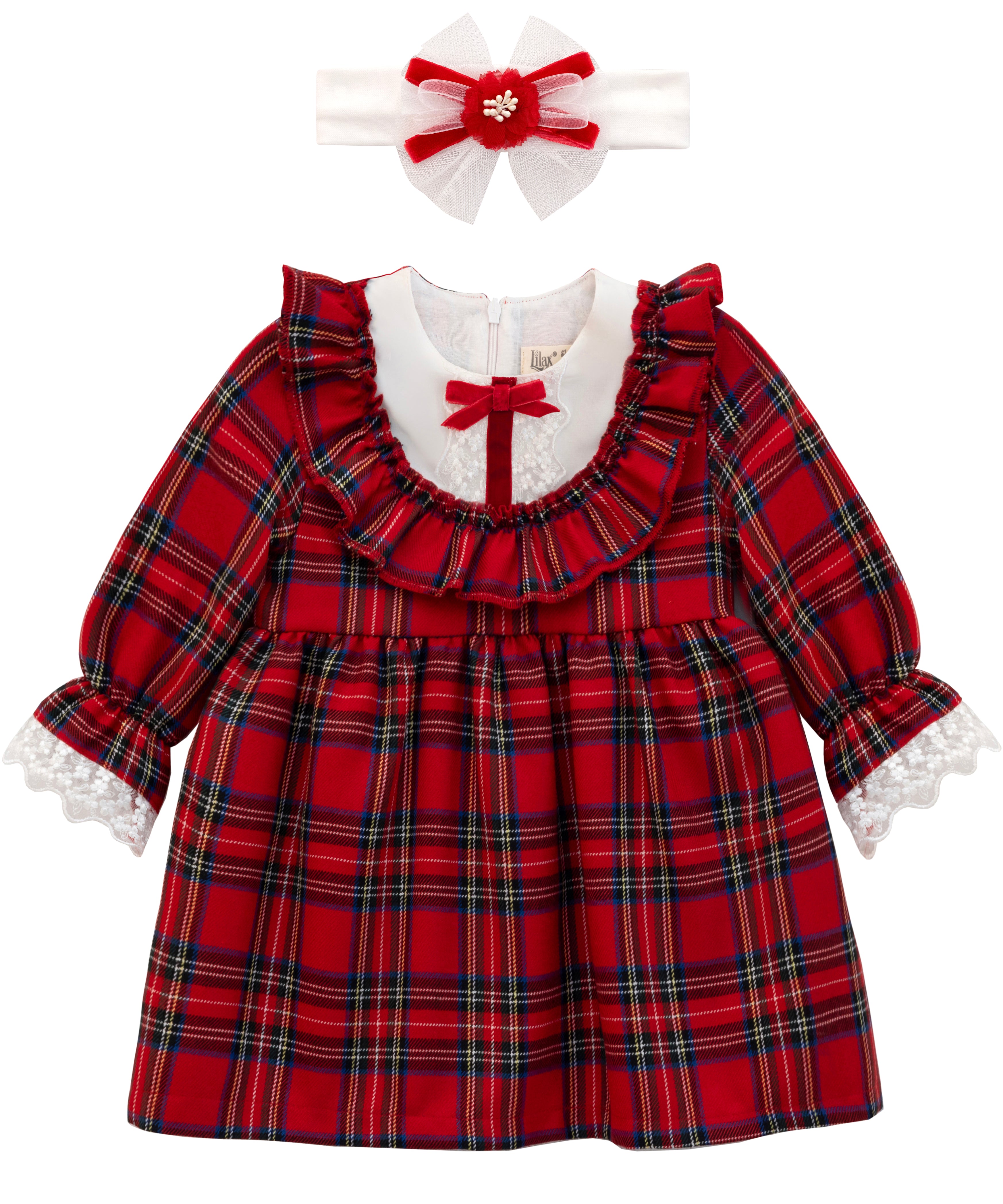 Plaid cotton baby girl clothes with ruffle and lace details and bows; perfect girls Christmas dress & Christmas gift ideas  