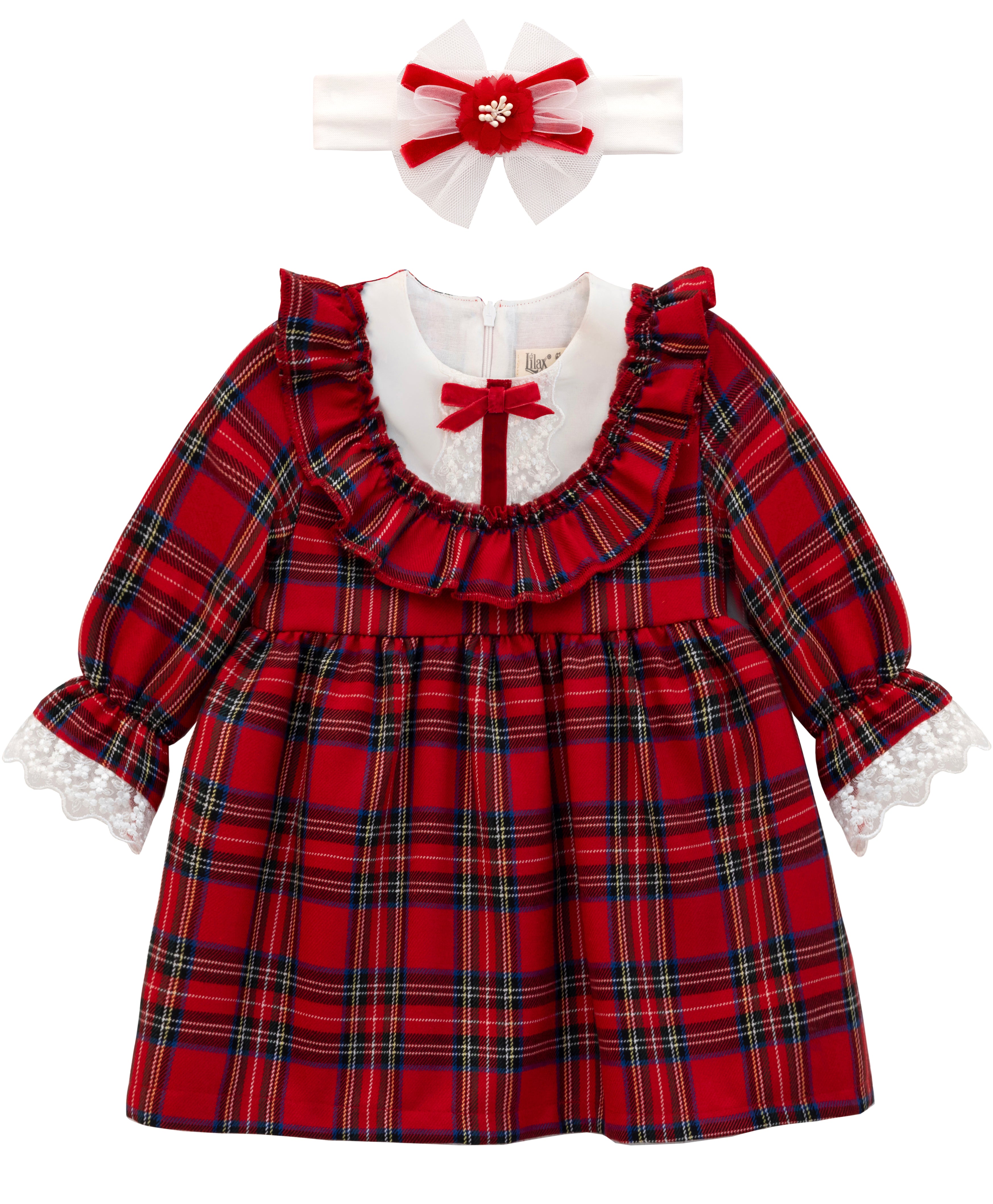 Plaid cotton baby girl clothes with ruffle and lace details and bows; perfect girls Christmas dress & Christmas gift ideas  