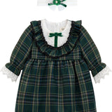 Plaid cotton baby girl clothes with ruffle and lace details and bows; perfect girls Christmas dress & Christmas gift ideas  