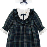 Plaid cotton baby girl clothes with ruffle and lace details and bows; perfect girls Christmas dress & Christmas gift ideas  