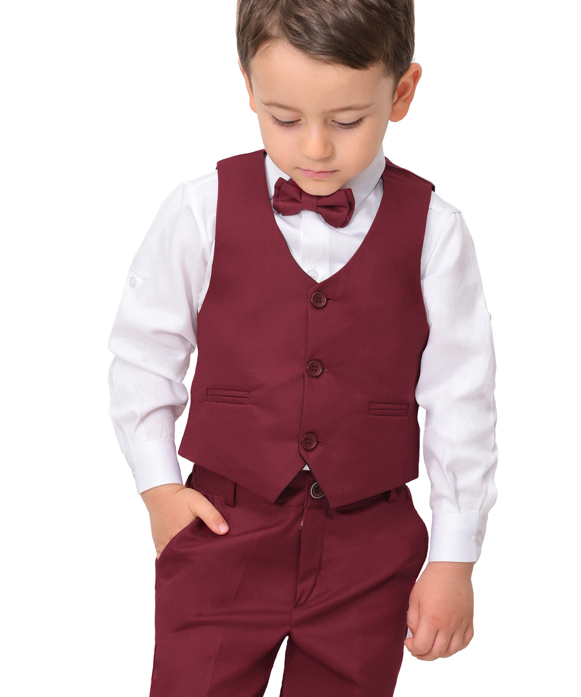 Boys 4 piece tuxedo suit with shirt, pants, vest and bow tie; perfect for baby boy clothes & christmas gift ideas  