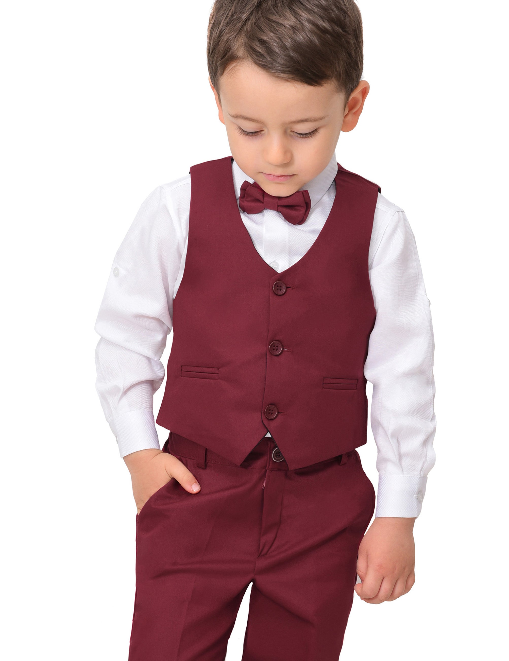 Boys 4 piece tuxedo suit with shirt, pants, vest and bow tie; perfect for baby boy clothes & christmas gift ideas  