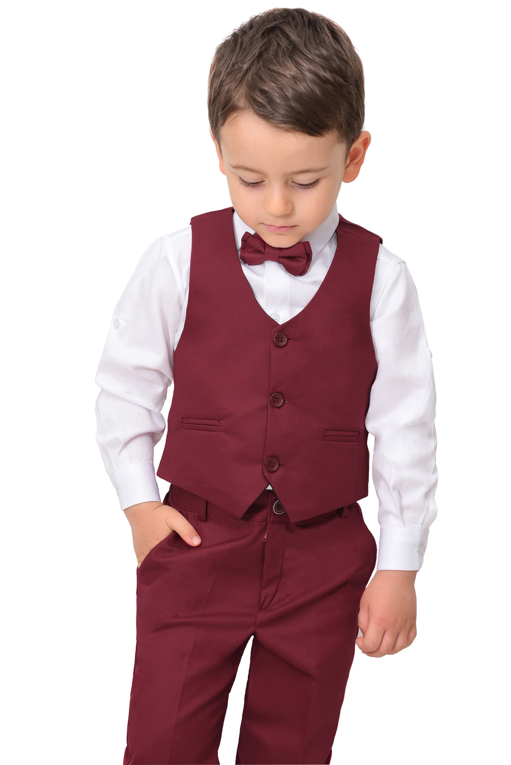 Boys 4 piece tuxedo suit with shirt, pants, vest and bow tie; perfect for baby boy clothes & christmas gift ideas  