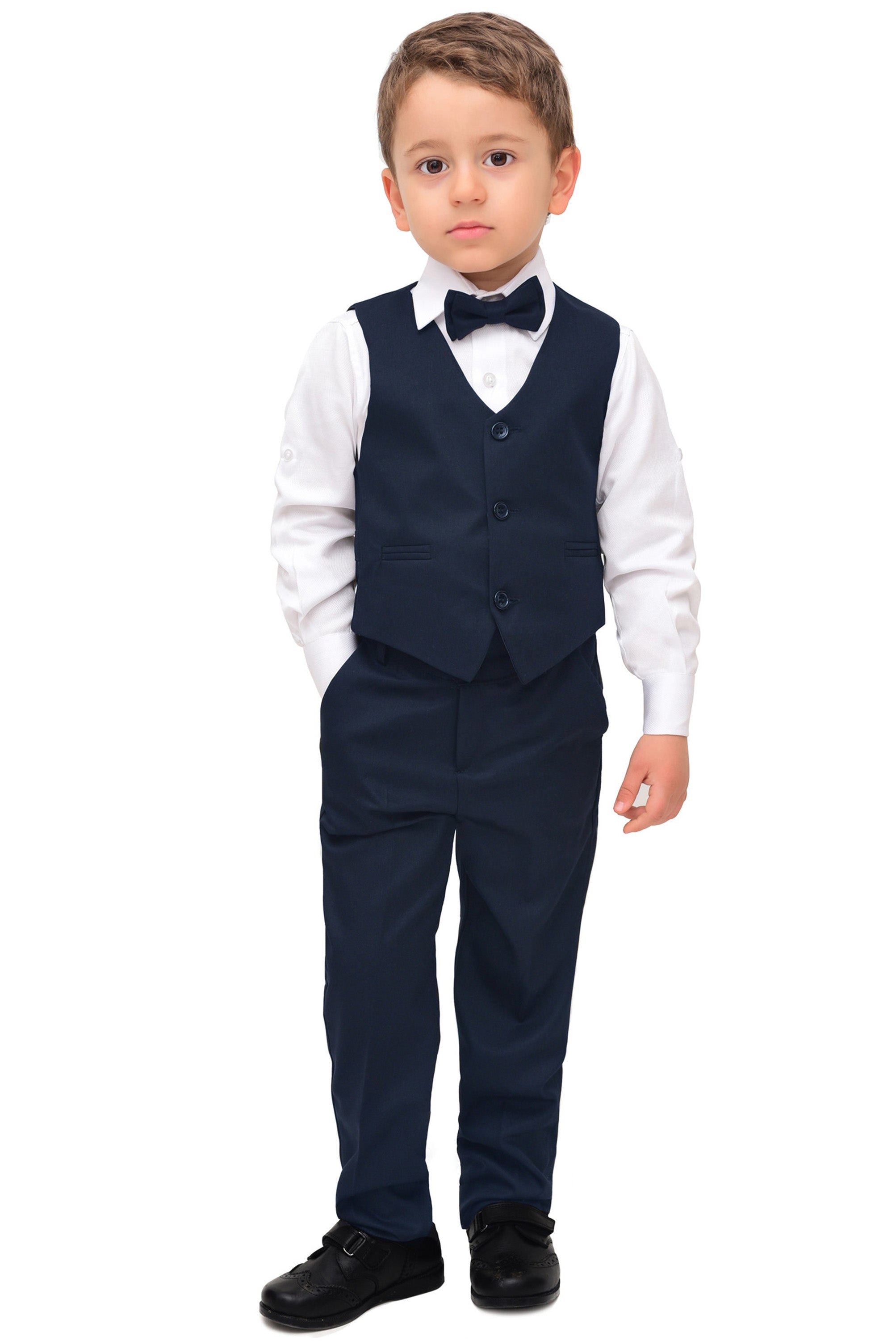 Boys 4 piece tuxedo suit with shirt, pants, vest and bow tie; perfect for baby boy clothes & christmas gift ideas  