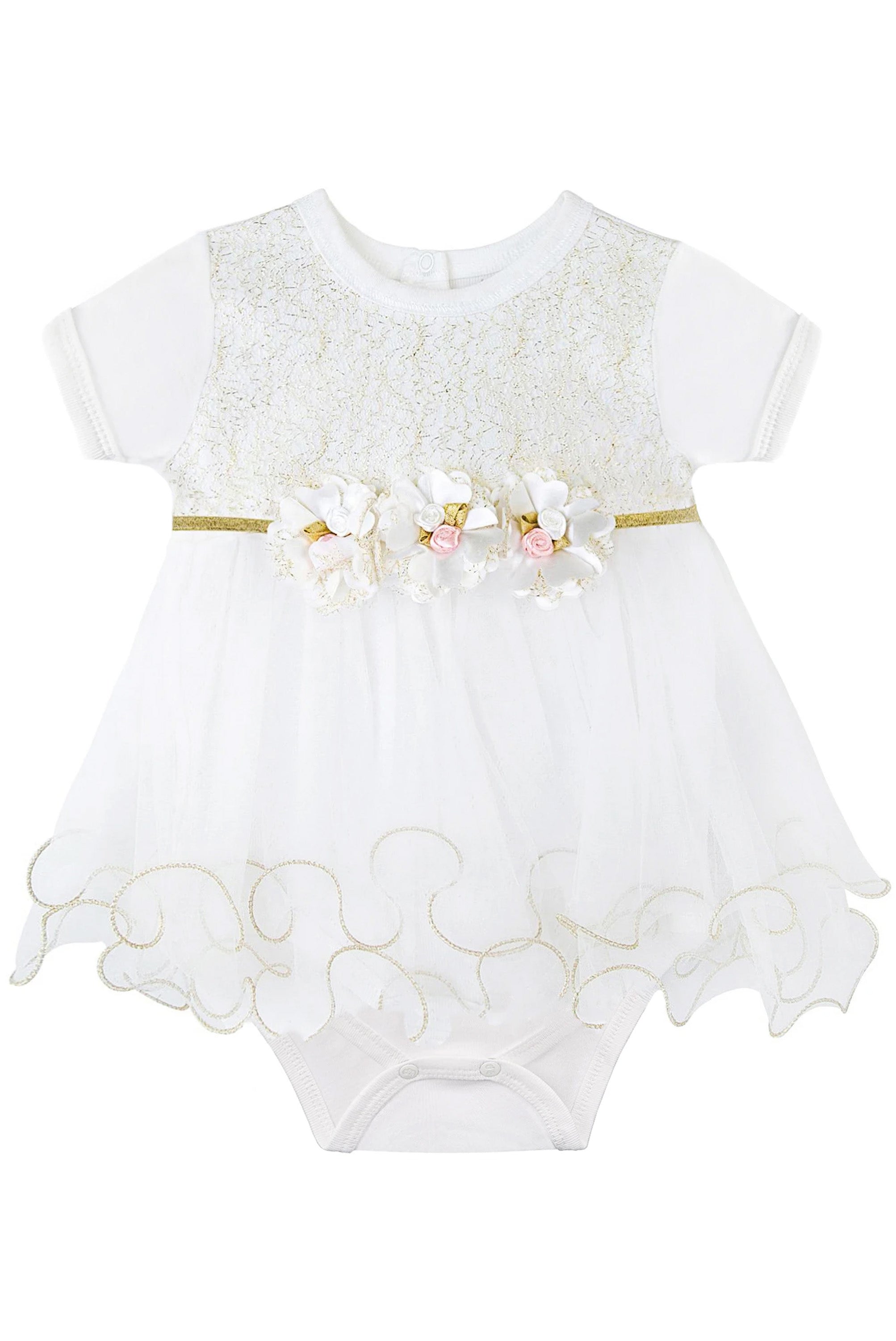 Unique Tutu Bodysuit for Newborn Baby Girl with Short Sleeves and Gold Glitter Floral Design LILAX