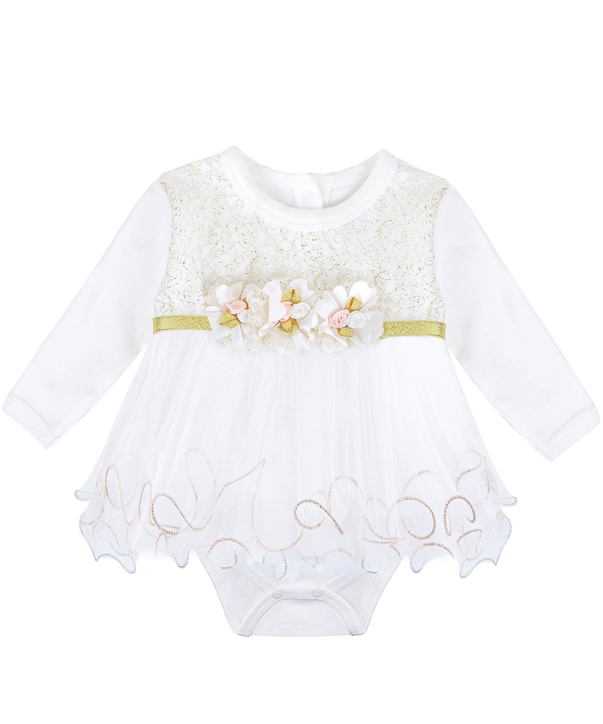 Baby girl tulle bodysuit dress with flowers at waistline; perfect for christmas gift ideas