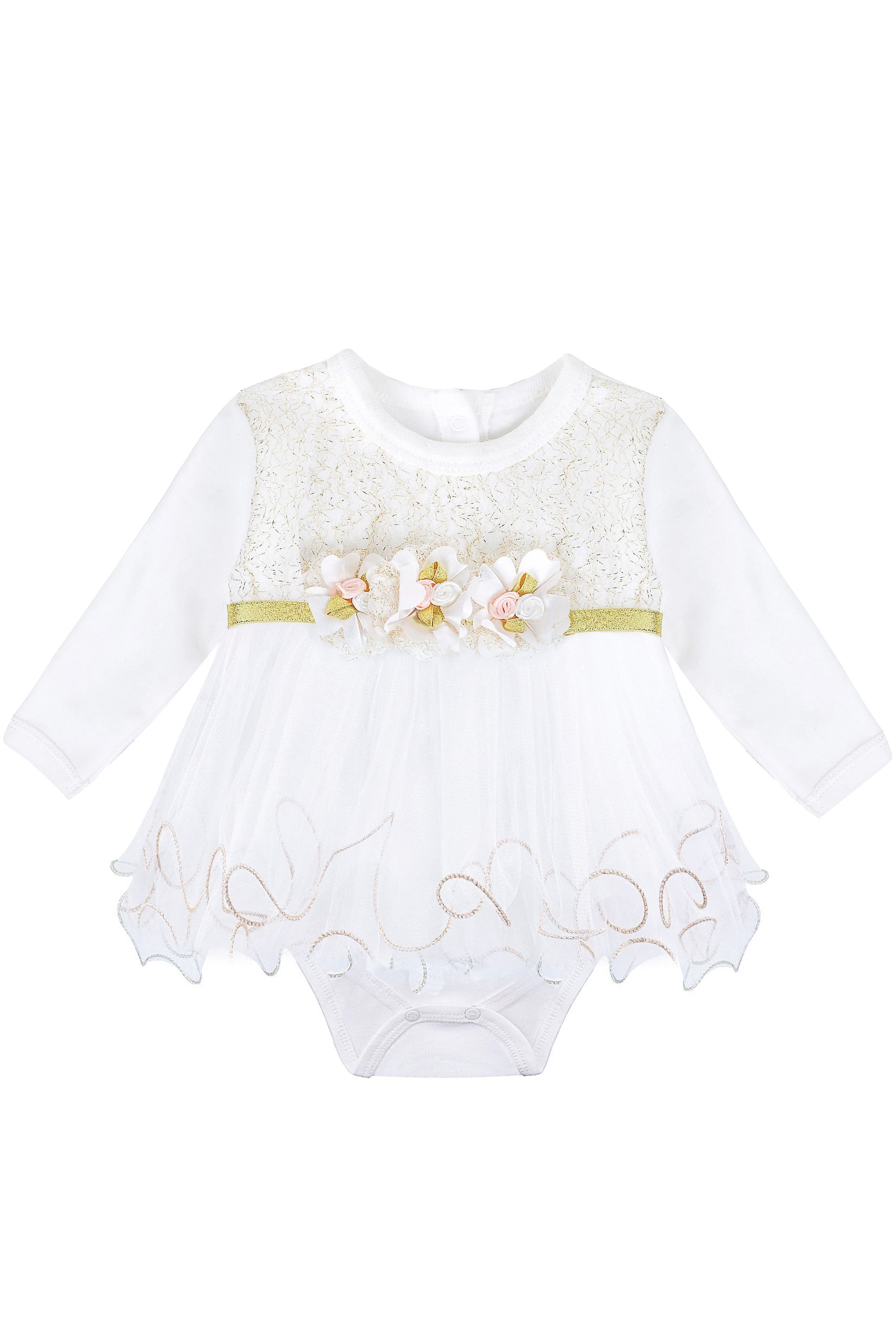 Unique Tutu Bodysuit for Newborn Baby Girl with Short Sleeves and Gold Glitter Floral Design LILAX