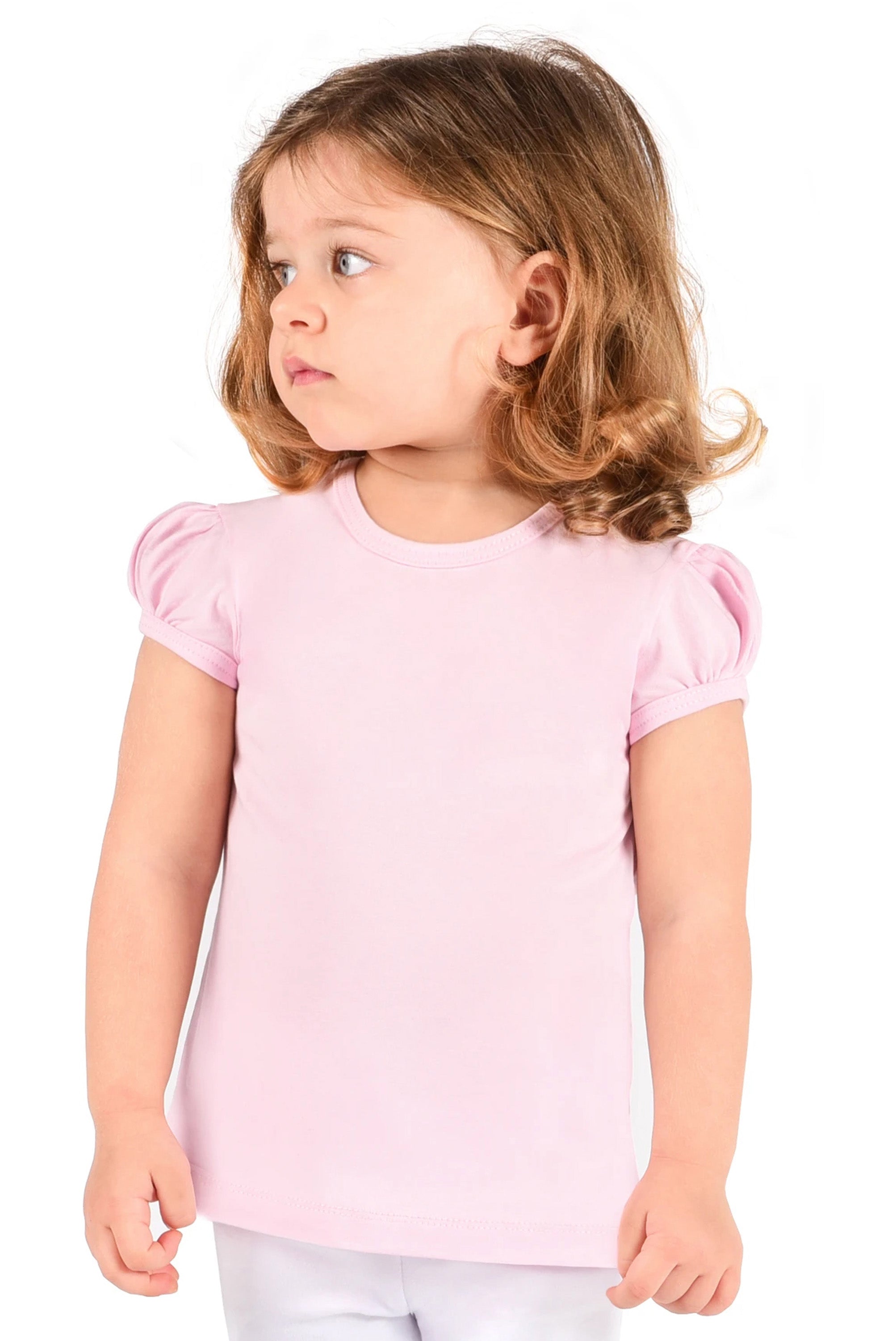 Girls' Basic Cotton T-Shirt  Short Puff Sleeve Crewneck / 5 to 7 Years LILAX