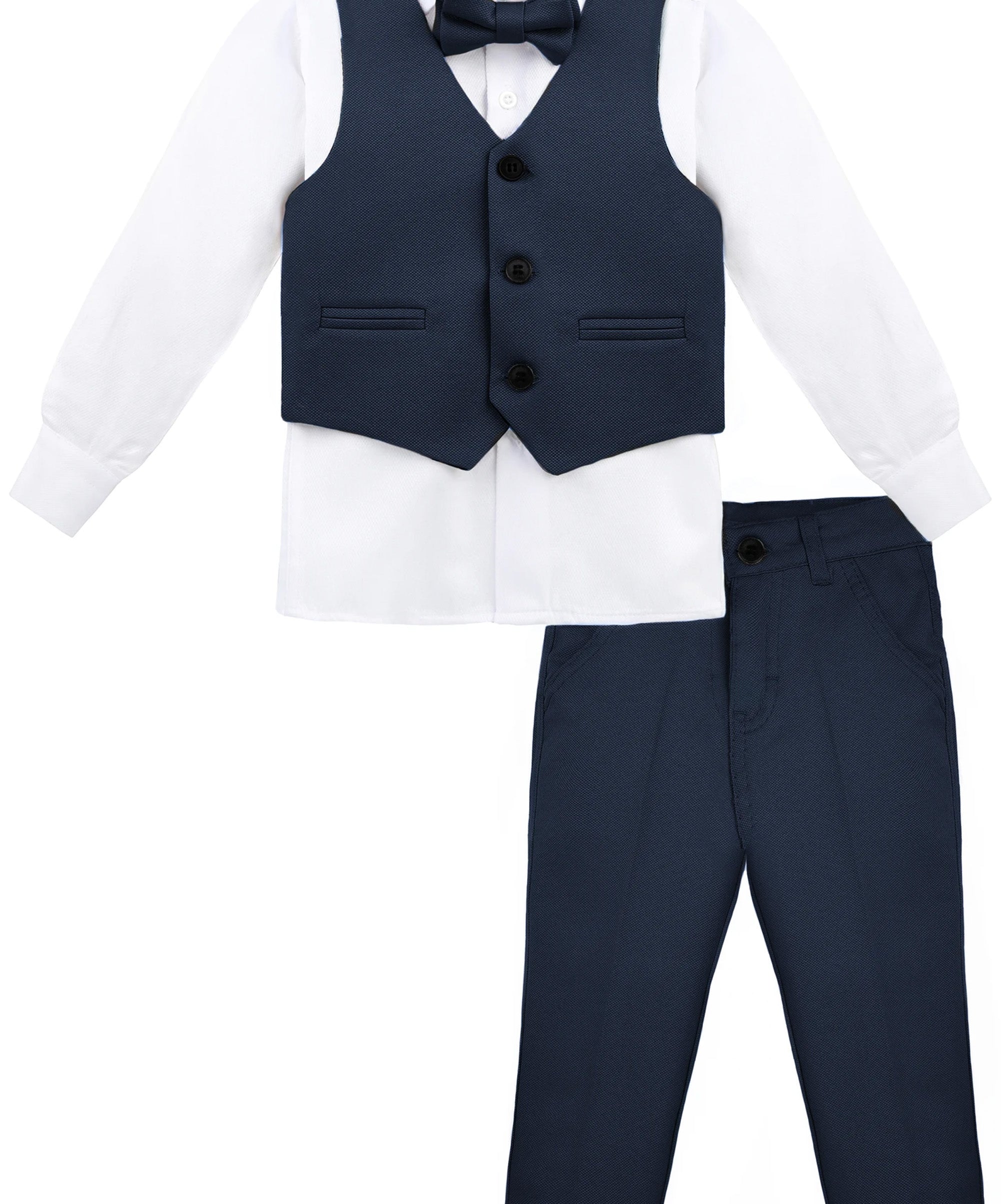 Boys 4 piece tuxedo suit with shirt, pants, vest and bow tie; perfect for baby boy clothes & christmas gift ideas  