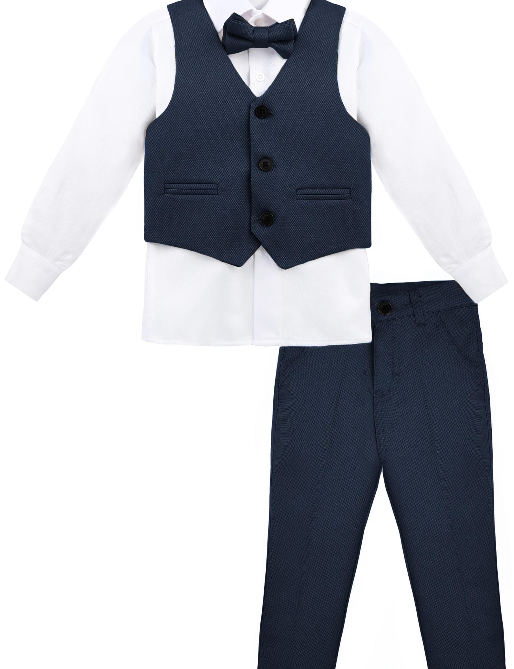 Boys 4 piece tuxedo suit with shirt, pants, vest and bow tie; perfect for baby boy clothes & christmas gift ideas  