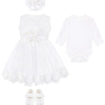 Newborn baby girl dress with lace flower details and  matching headband & shoes; for christening, baptism & Christmas gift ideas 