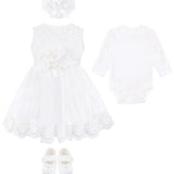 Baby Girl Newborn Christening Baptism Lace White Dress Gown 4 Piece Deluxe Set LILAX