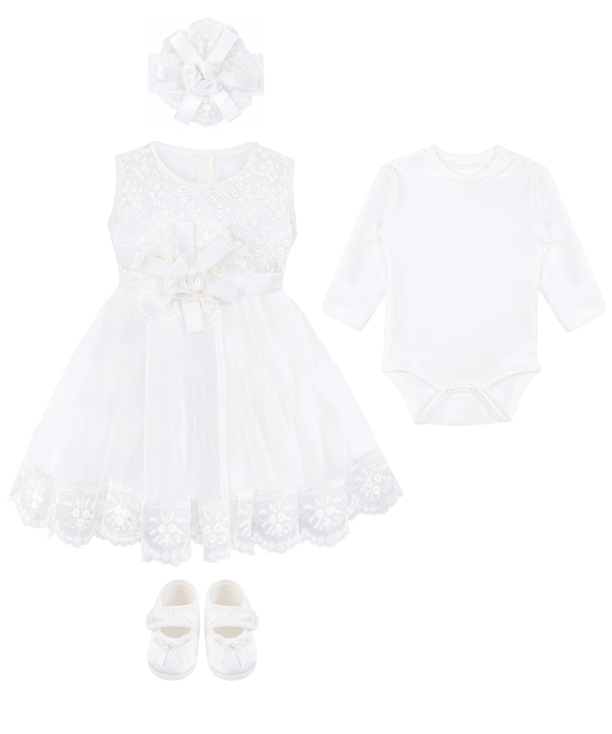 Newborn baby girl dress with lace flower details and  matching headband & shoes; for christening, baptism & Christmas gift ideas 