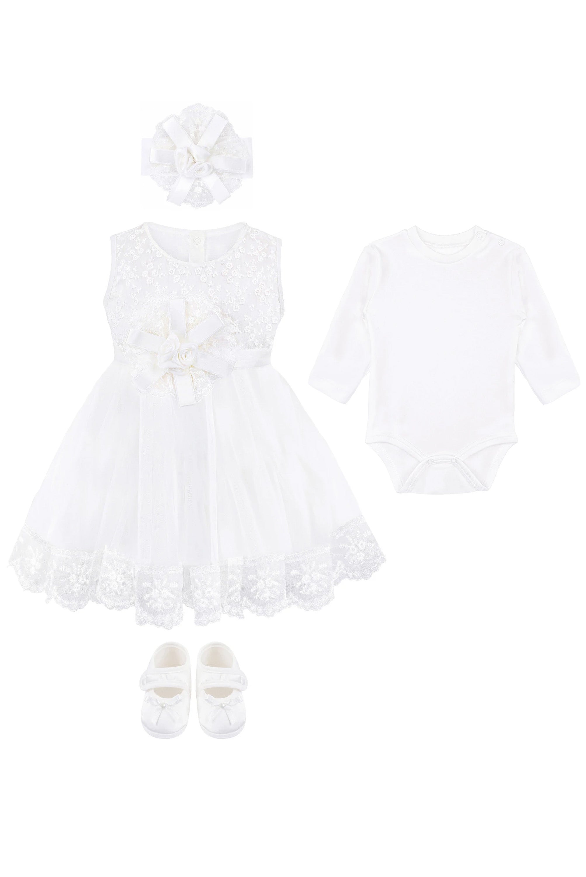 Baby Girl Newborn Christening Baptism Lace White Dress Gown 4 Piece Deluxe Set LILAX