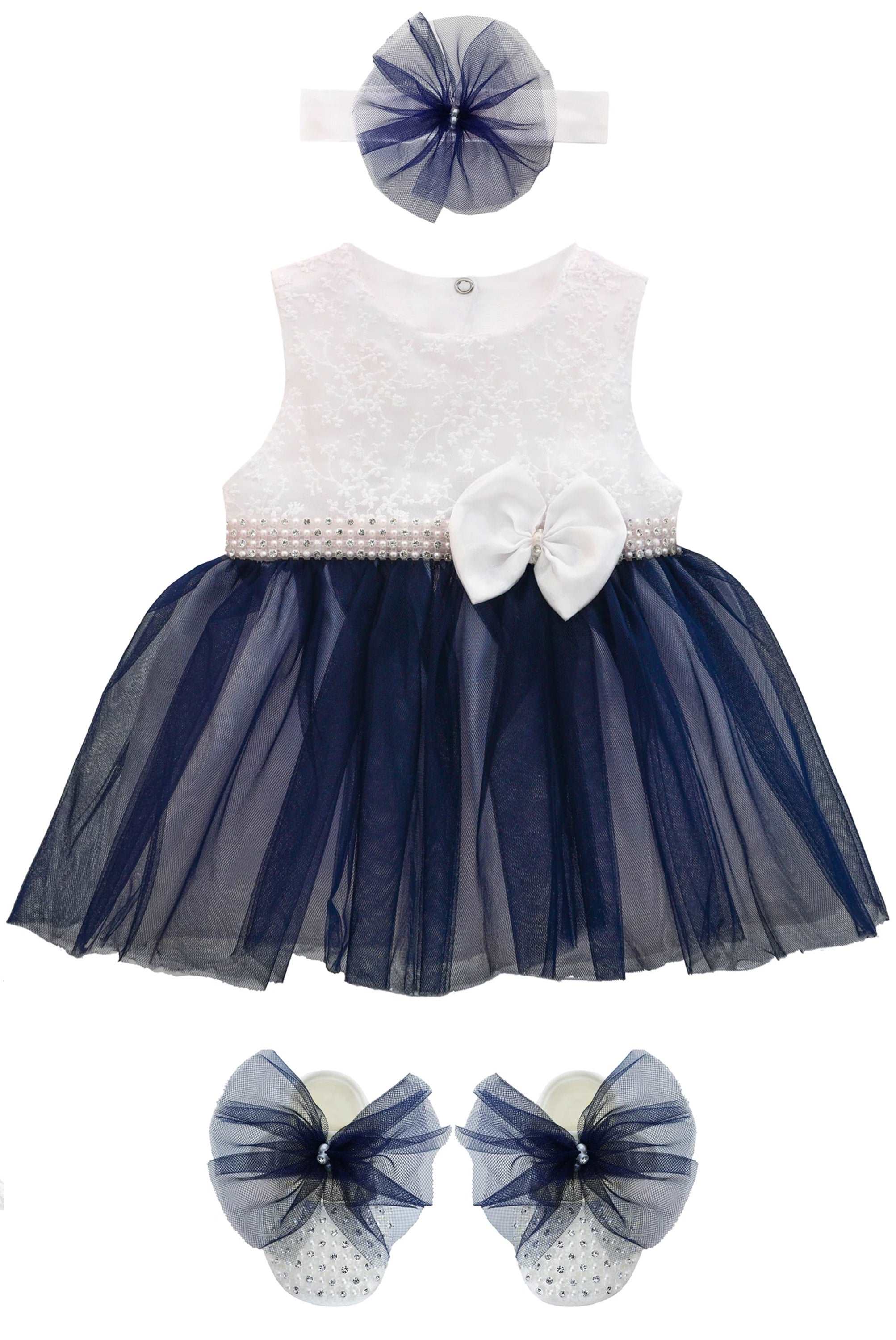 Baby girls lace tulle skirt dress with pearl belt attached and matching shoes & headband; perfect for christmas gift ideas