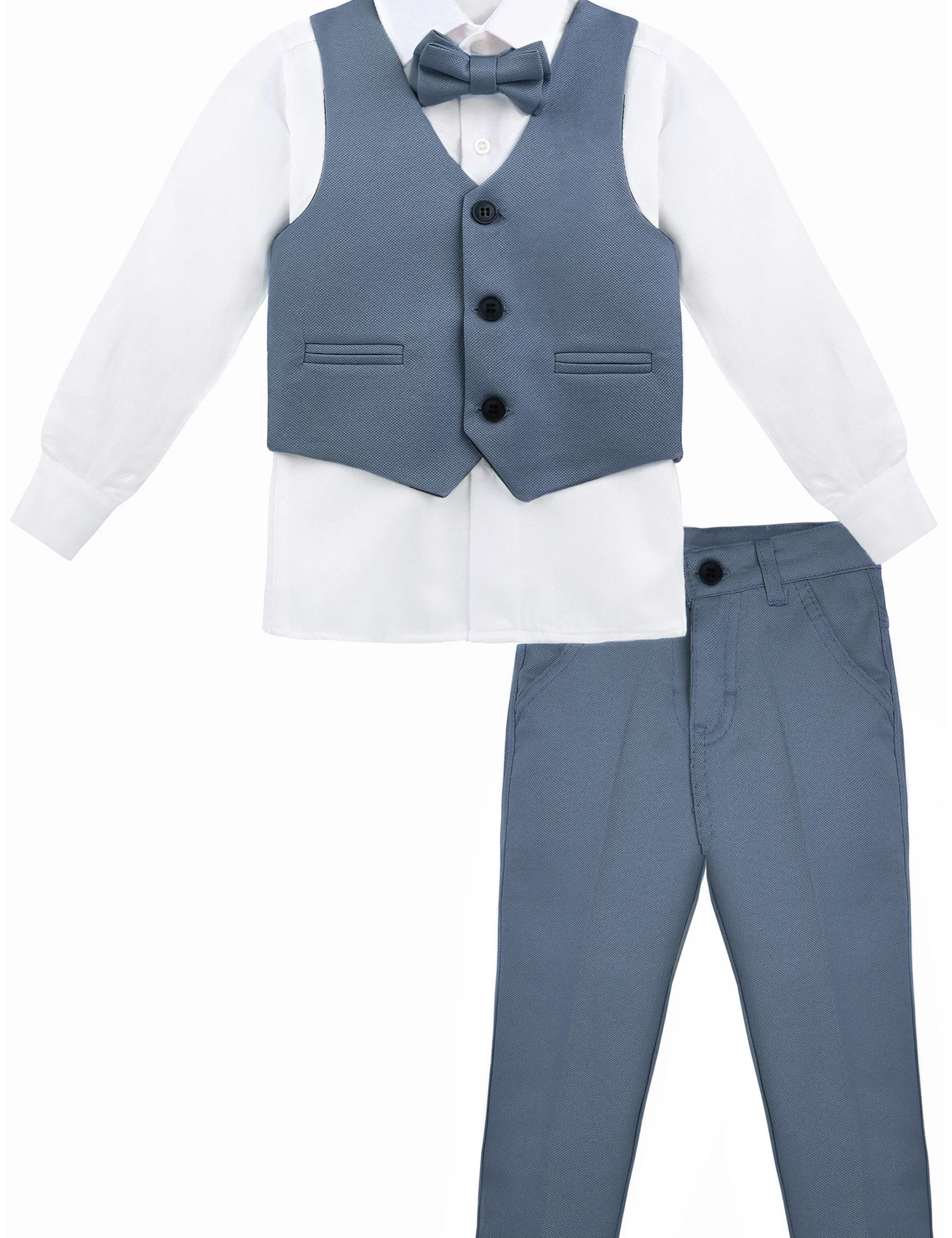 Boys 4 piece tuxedo suit with shirt, pants, vest and bow tie; perfect for baby boy clothes & christmas gift ideas  