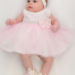 Baby girls lace tulle skirt dress with pearl belt attached and matching shoes & headband; perfect for christmas gift ideas