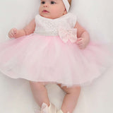 Baby girls lace tulle skirt dress with pearl belt attached and matching shoes & headband; perfect for christmas gift ideas