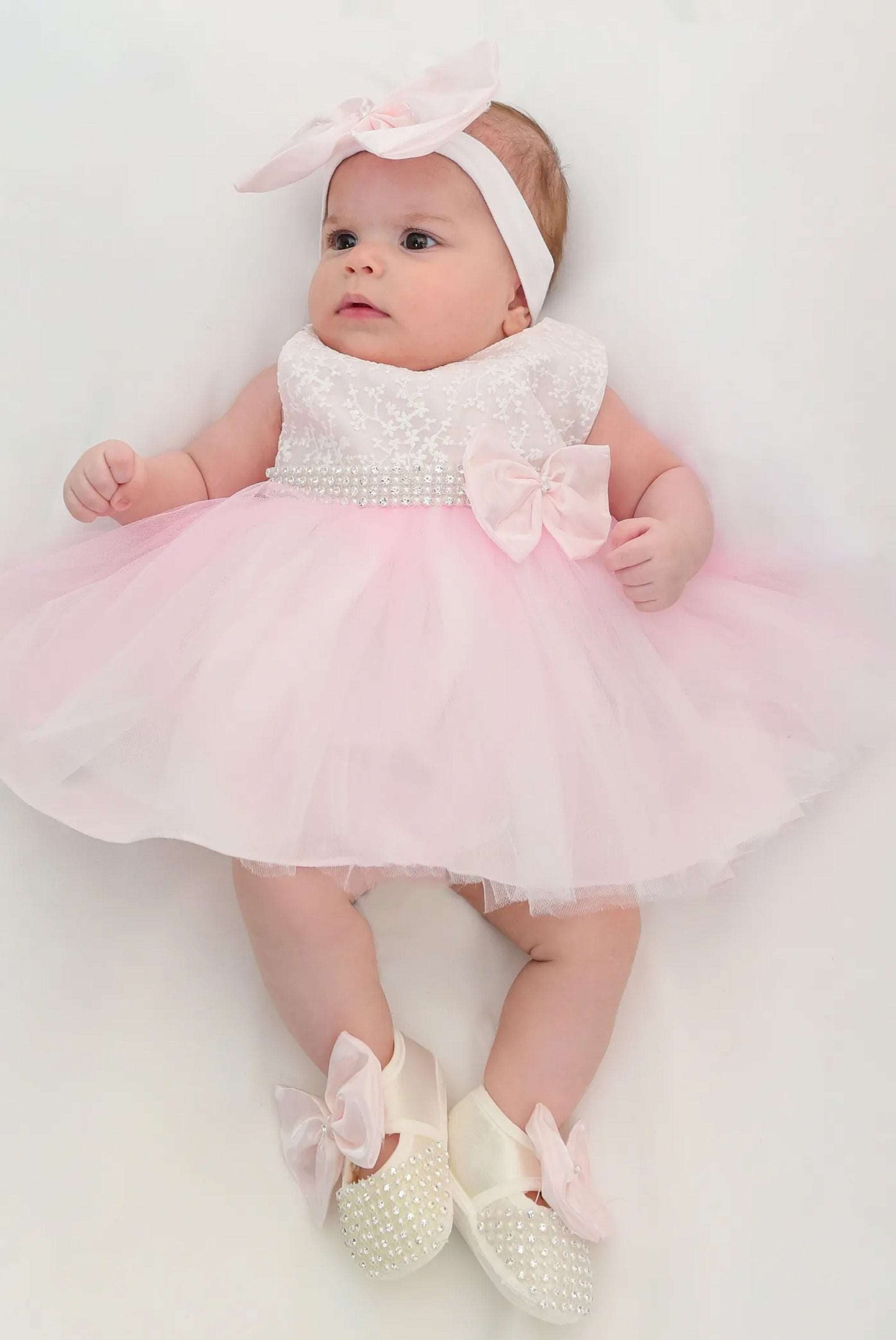 Baby girls lace tulle skirt dress with pearl belt attached and matching shoes & headband; perfect for christmas gift ideas