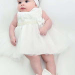 Baby girls lace tulle skirt dress with pearl belt attached and matching shoes & headband; perfect for christmas gift ideas