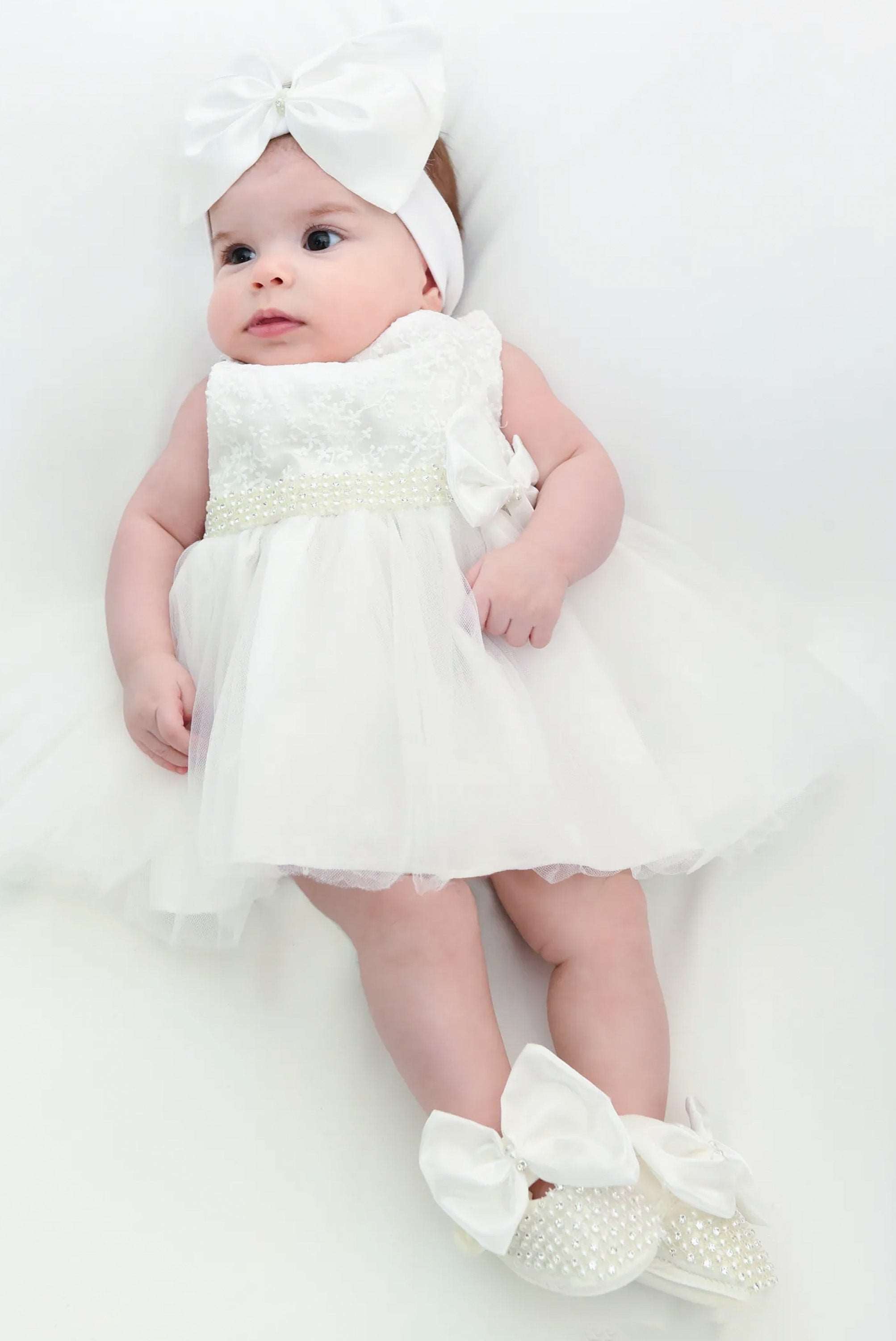 Baby girls lace tulle skirt dress with pearl belt attached and matching shoes & headband; perfect for christmas gift ideas