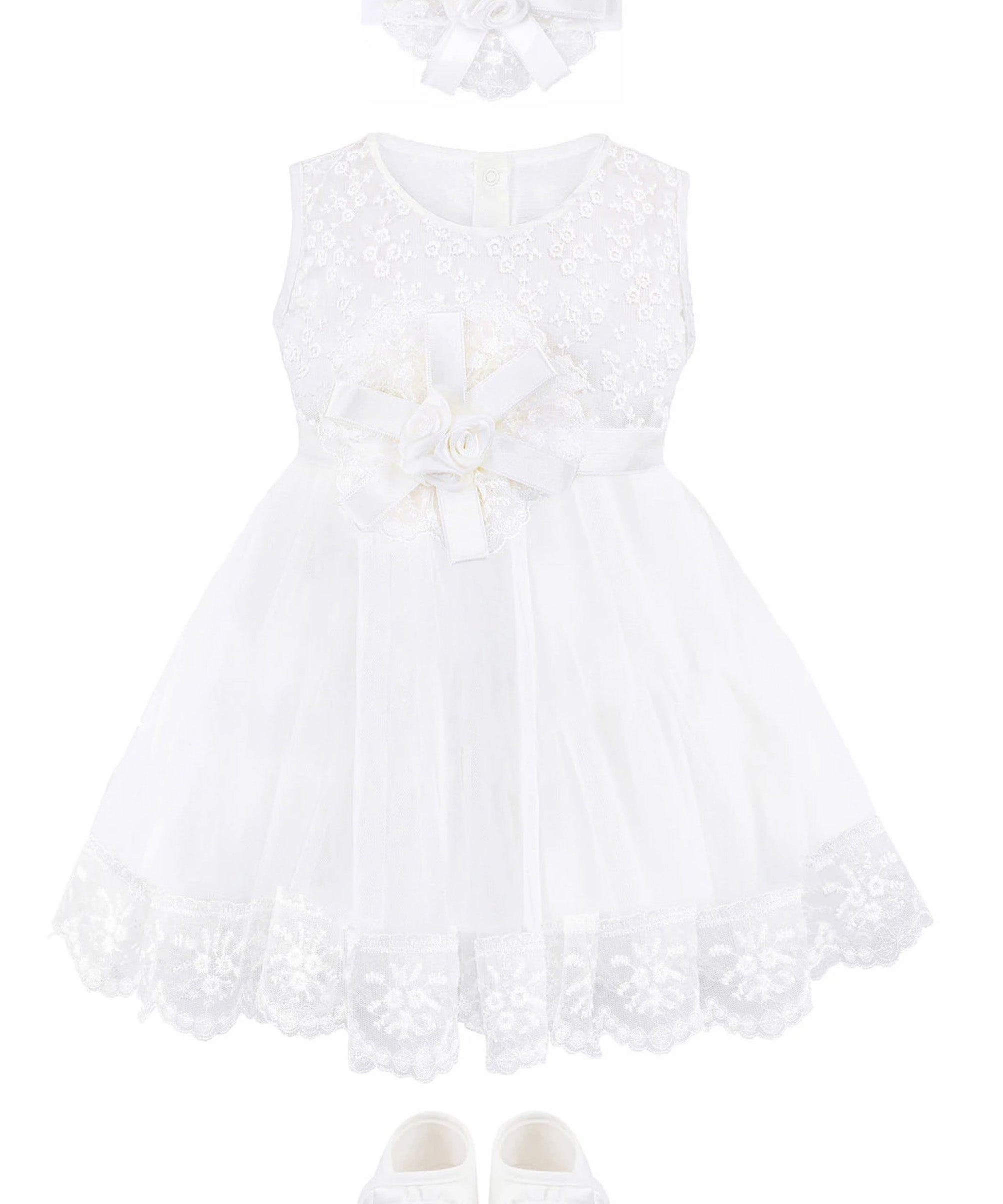 Newborn baby girl dress with lace flower details and  matching headband & shoes; for christening, baptism & Christmas gift ideas 