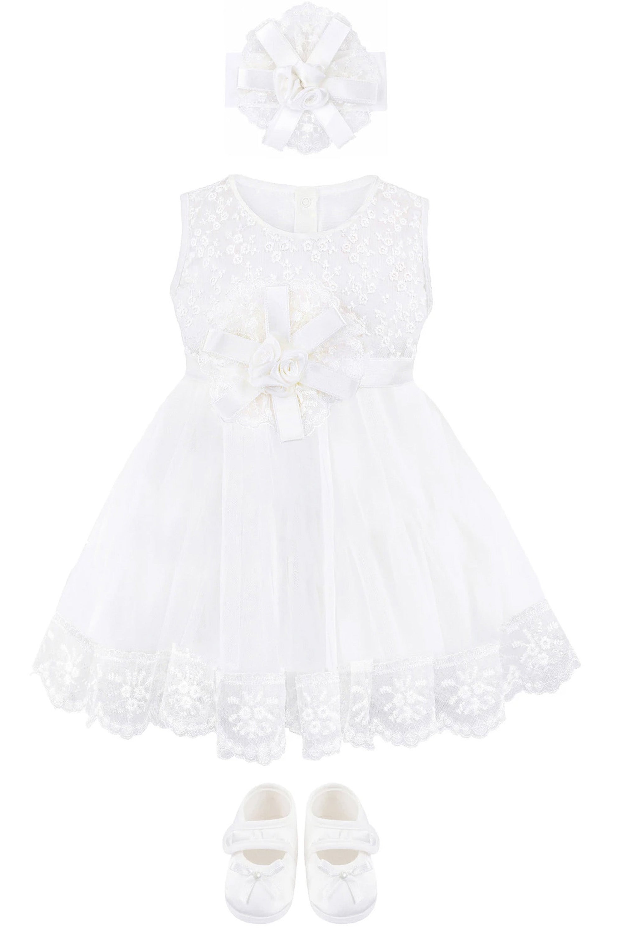 Baby Girl Newborn Christening Baptism Lace White Dress Gown 4 Piece Deluxe Set LILAX