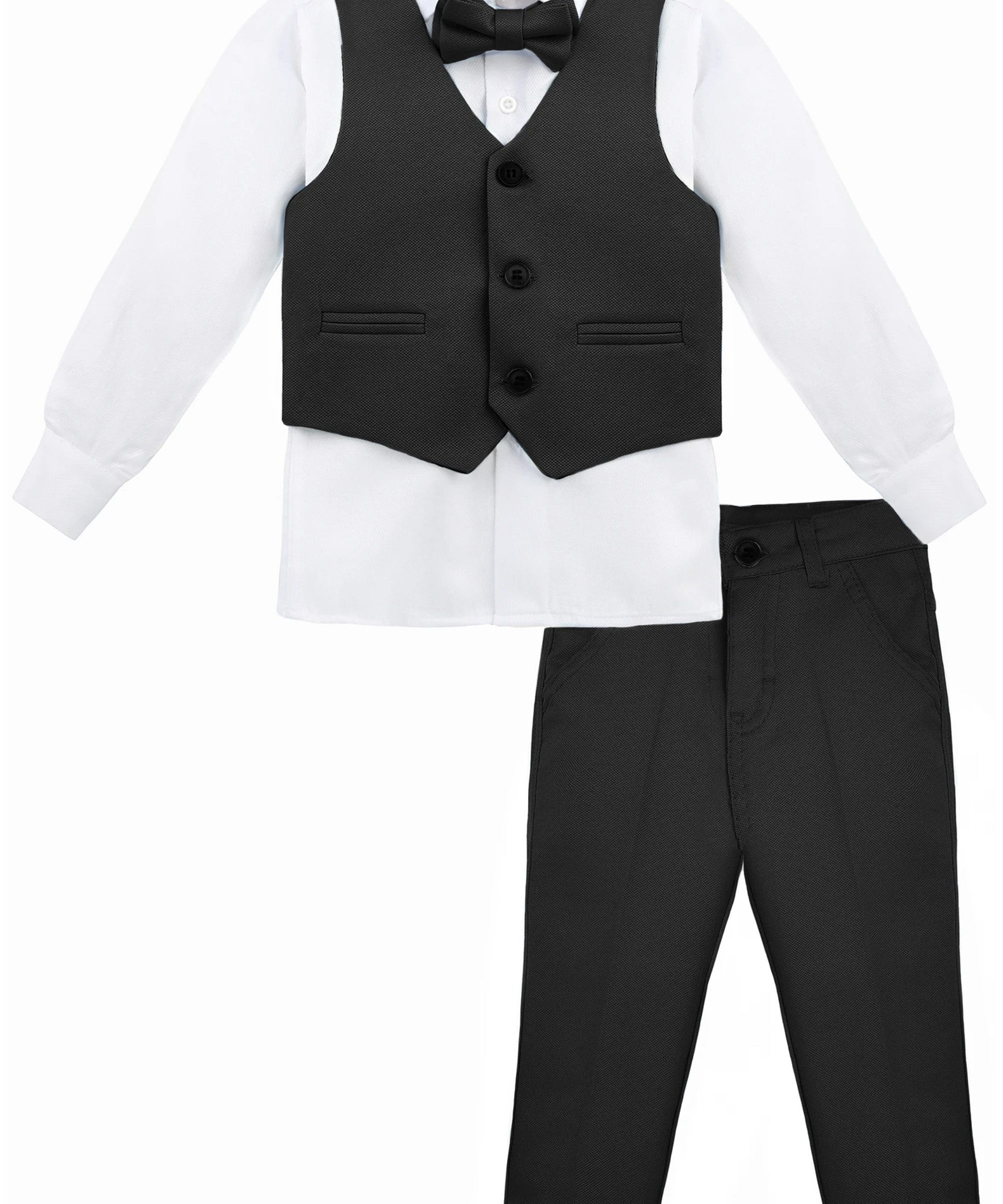 Boys 4 piece tuxedo suit with shirt, pants, vest and bow tie; perfect for baby boy clothes & christmas gift ideas  