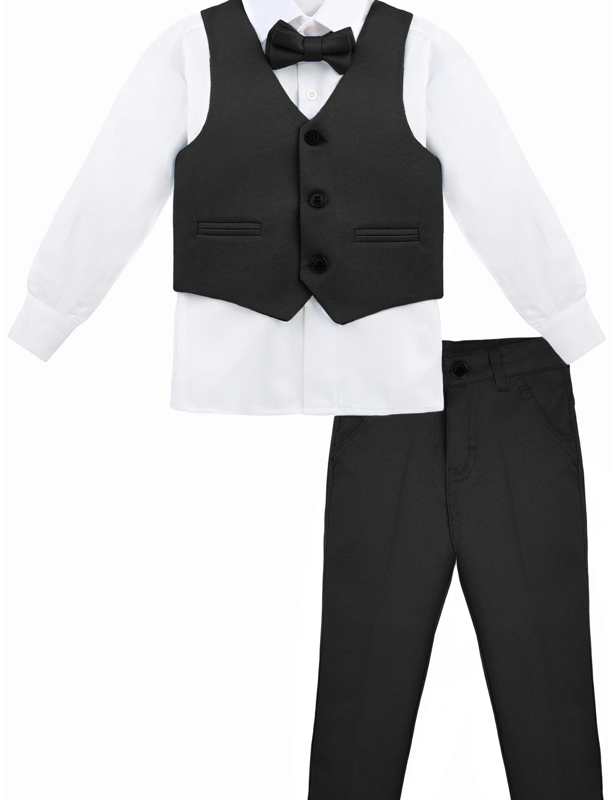 Boys 4 piece tuxedo suit with shirt, pants, vest and bow tie; perfect for baby boy clothes & christmas gift ideas  