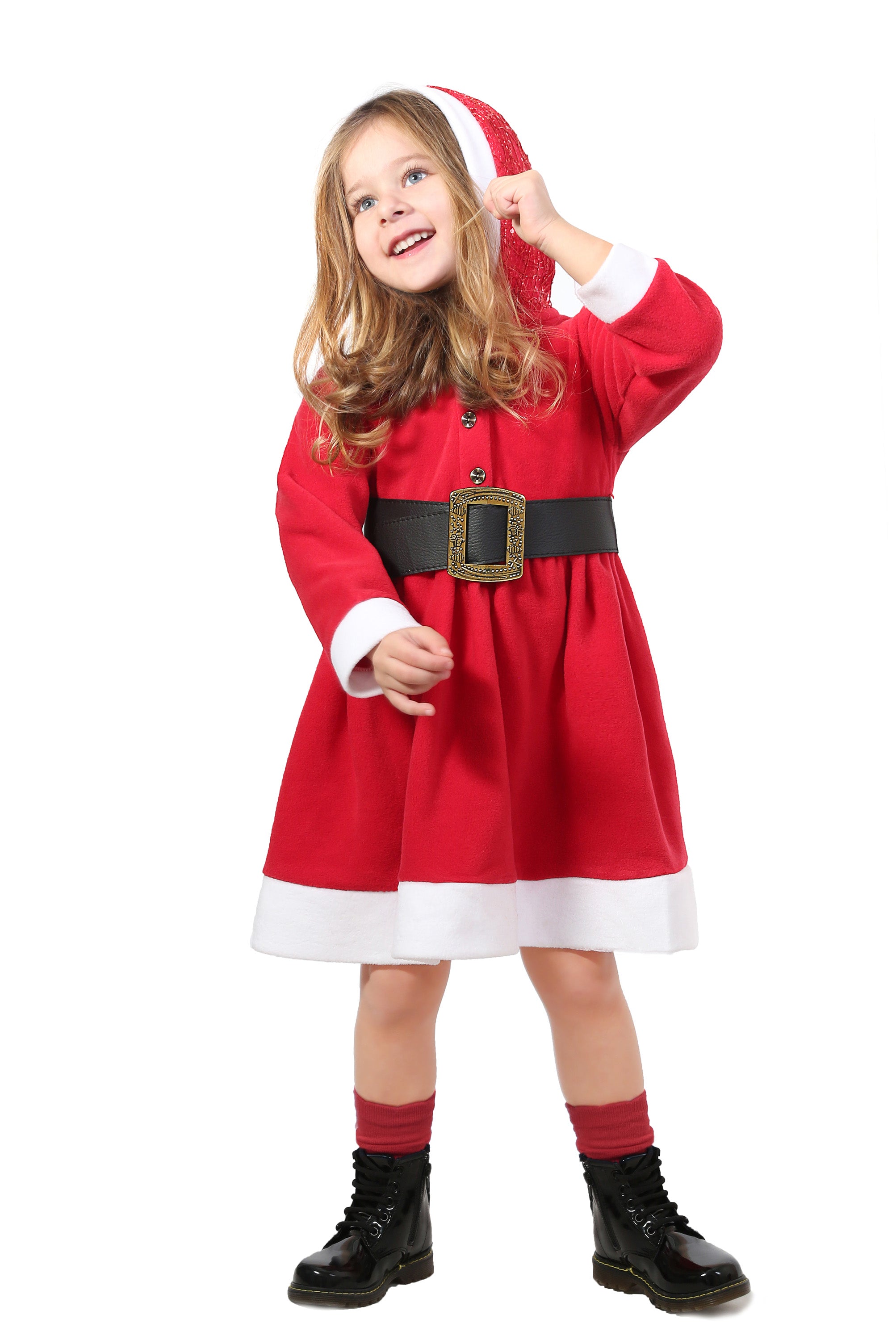 Little Girls' Santa Sparkle Hood Red Dress with Belt for Christmas LILAX