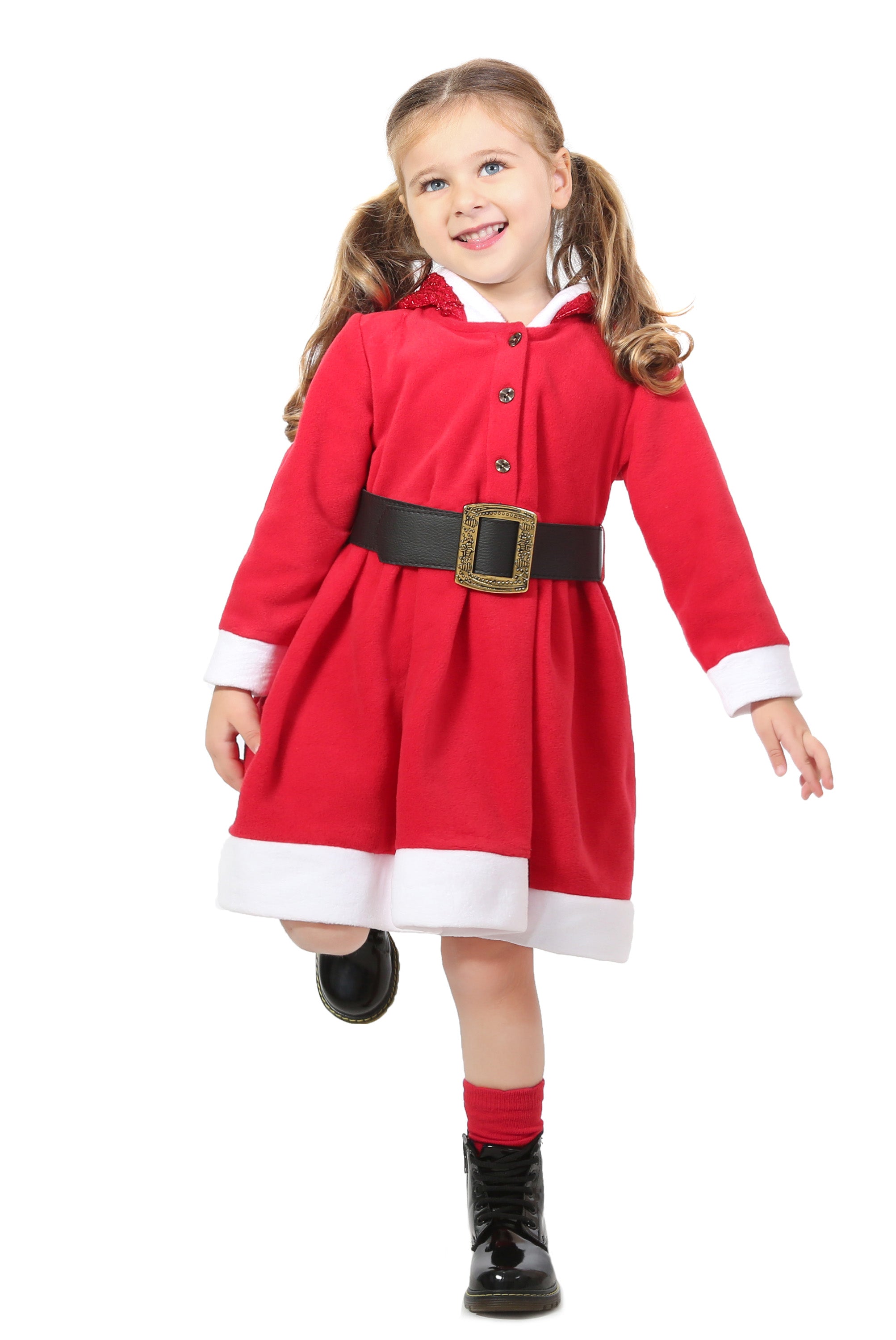 Little Girls' Santa Sparkle Hood Red Dress with Belt for Christmas LILAX