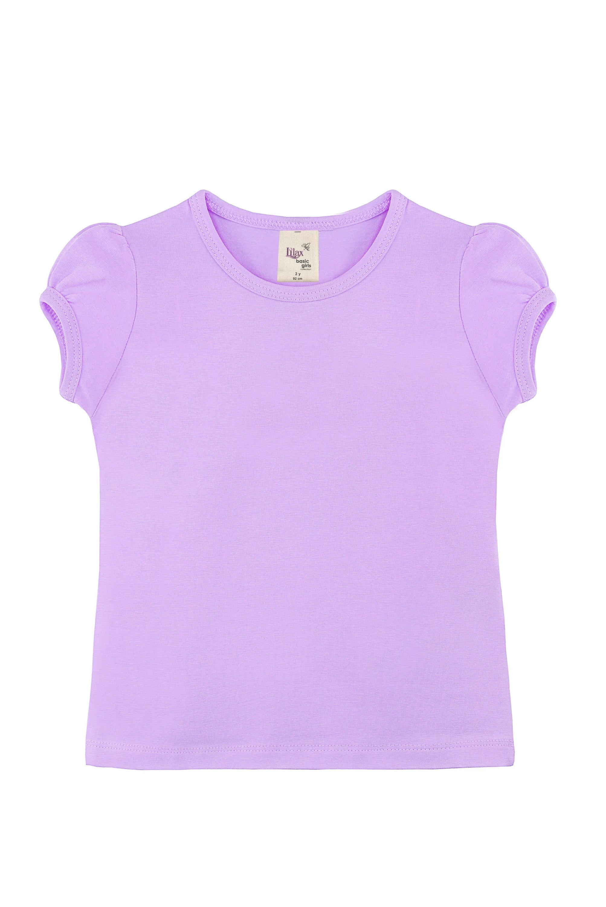 Girls' Basic Cotton T-Shirt  Short Puff Sleeve Crewneck / 5 to 7 Years LILAX