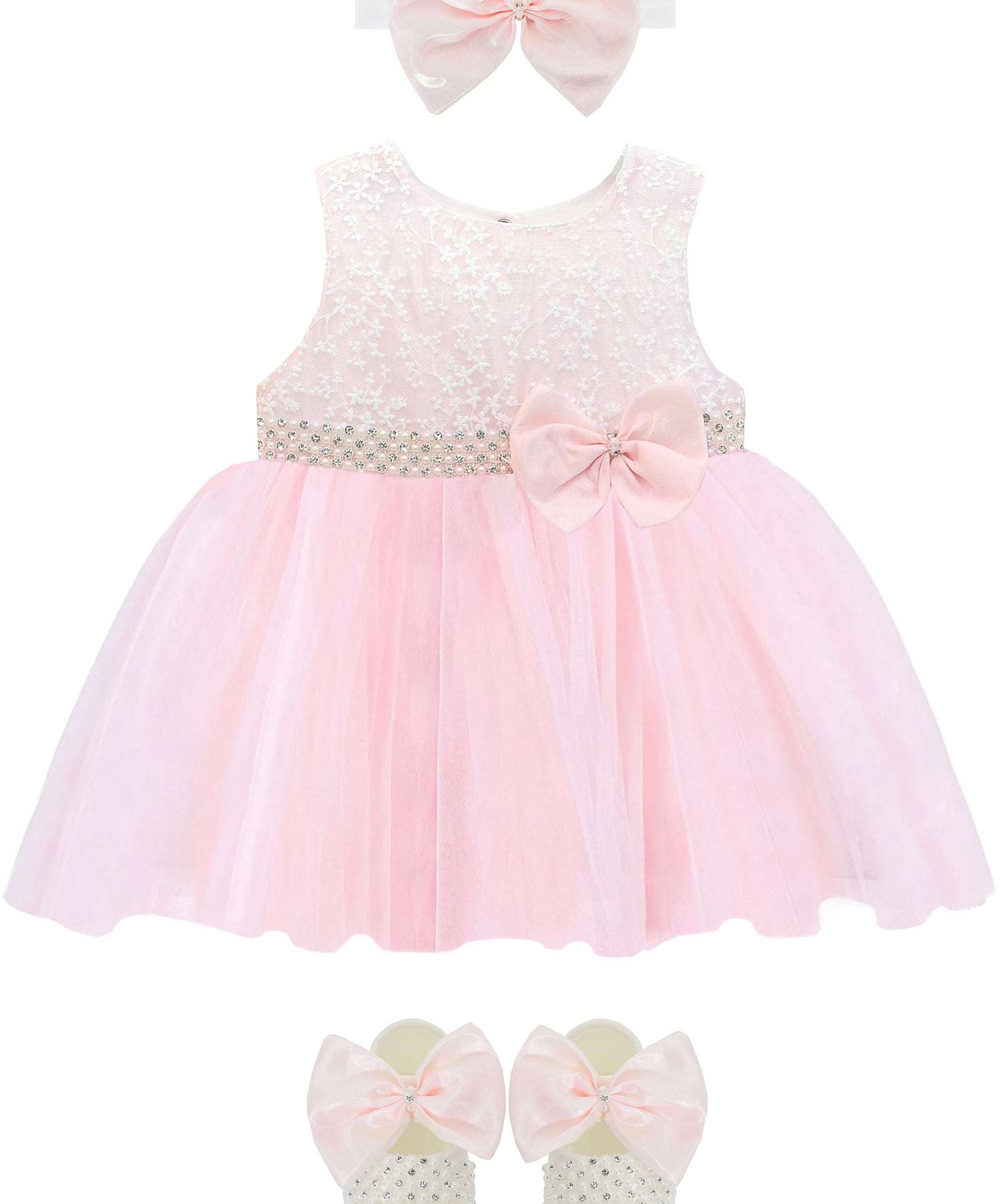 Baby girls lace tulle skirt dress with pearl belt attached and matching shoes & headband; perfect for christmas gift ideas 