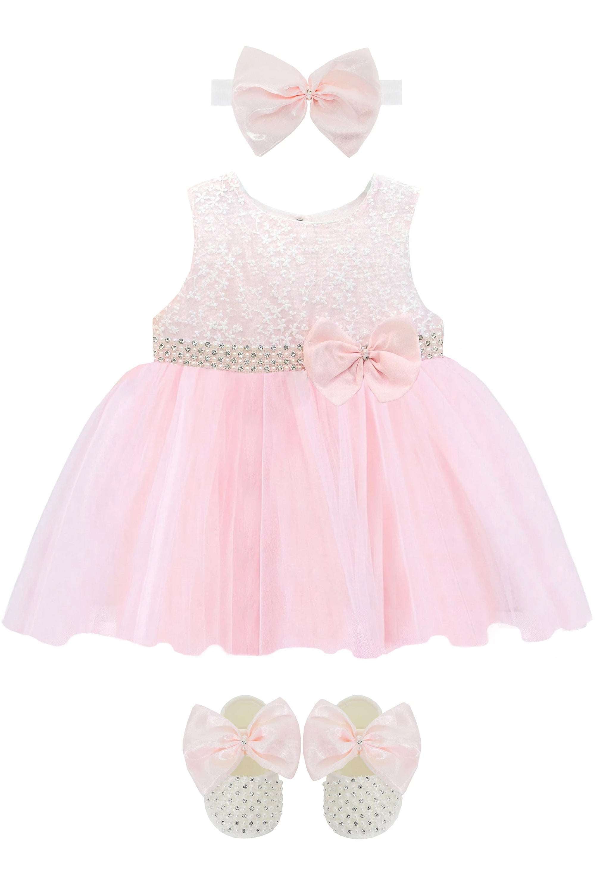 Baby girls lace tulle skirt dress with pearl belt attached and matching shoes & headband; perfect for christmas gift ideas