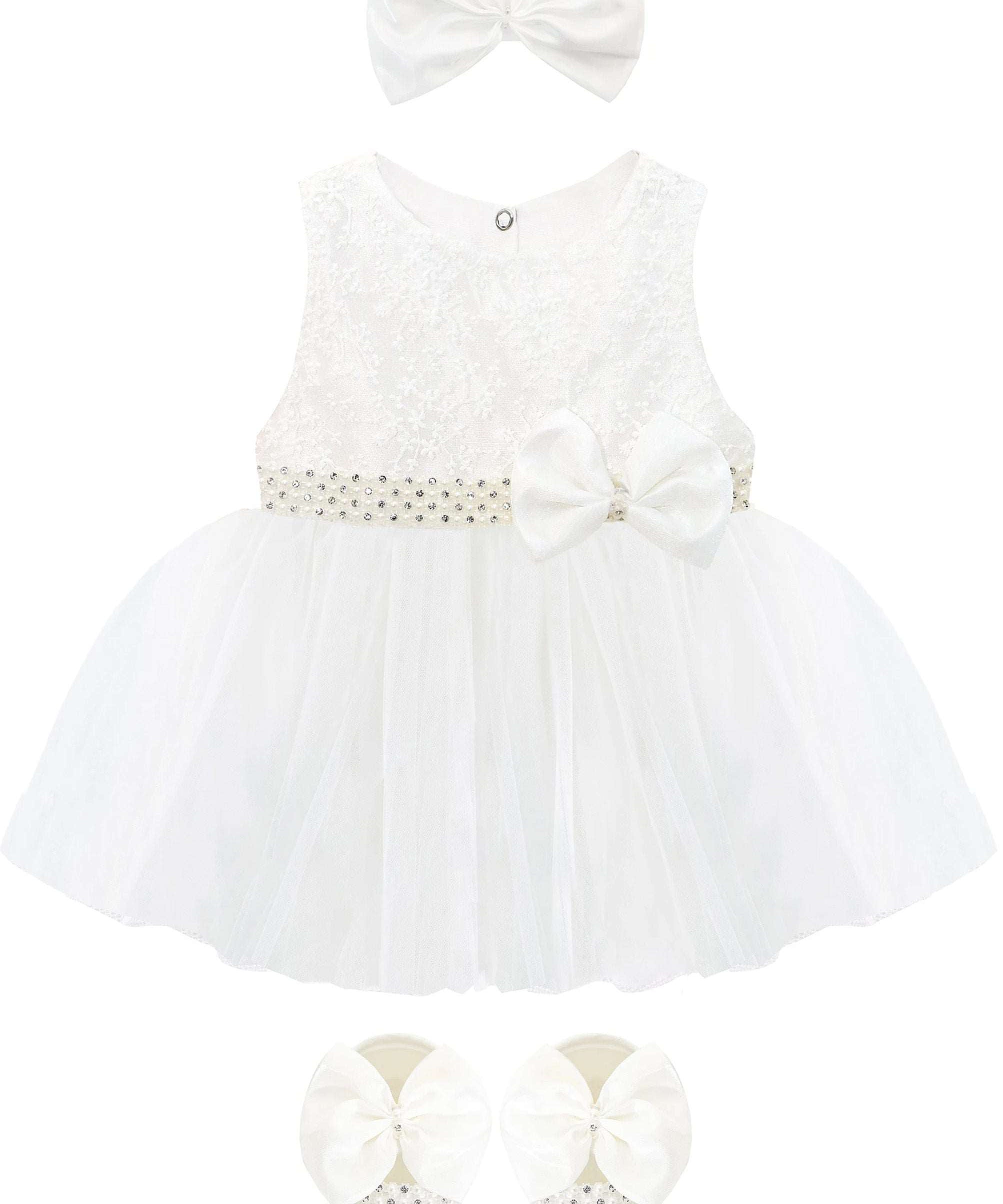 Baby girls lace tulle skirt dress with pearl belt attached and matching shoes & headband; perfect for christmas gift ideas 