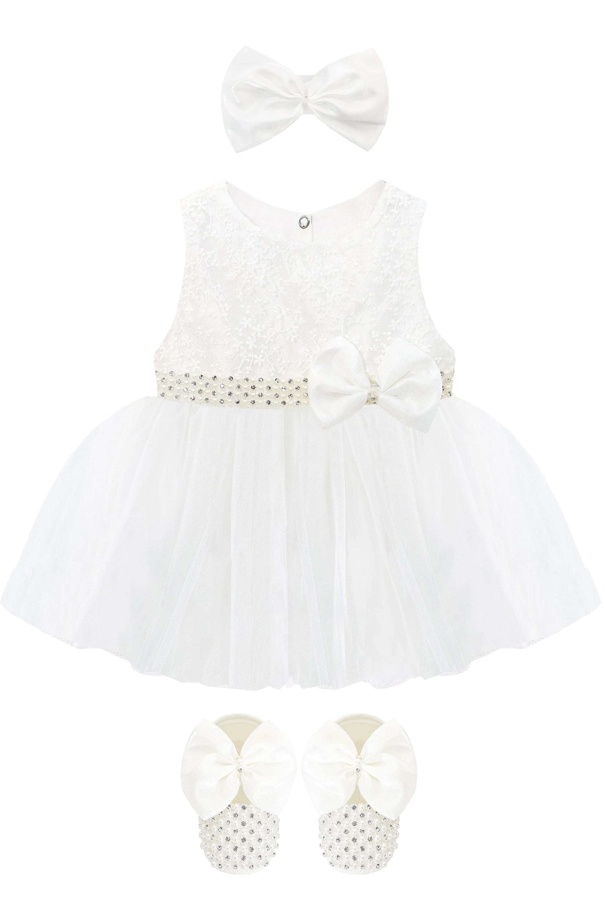 Baby girls lace tulle skirt dress with pearl belt attached and matching shoes & headband; perfect for christmas gift ideas