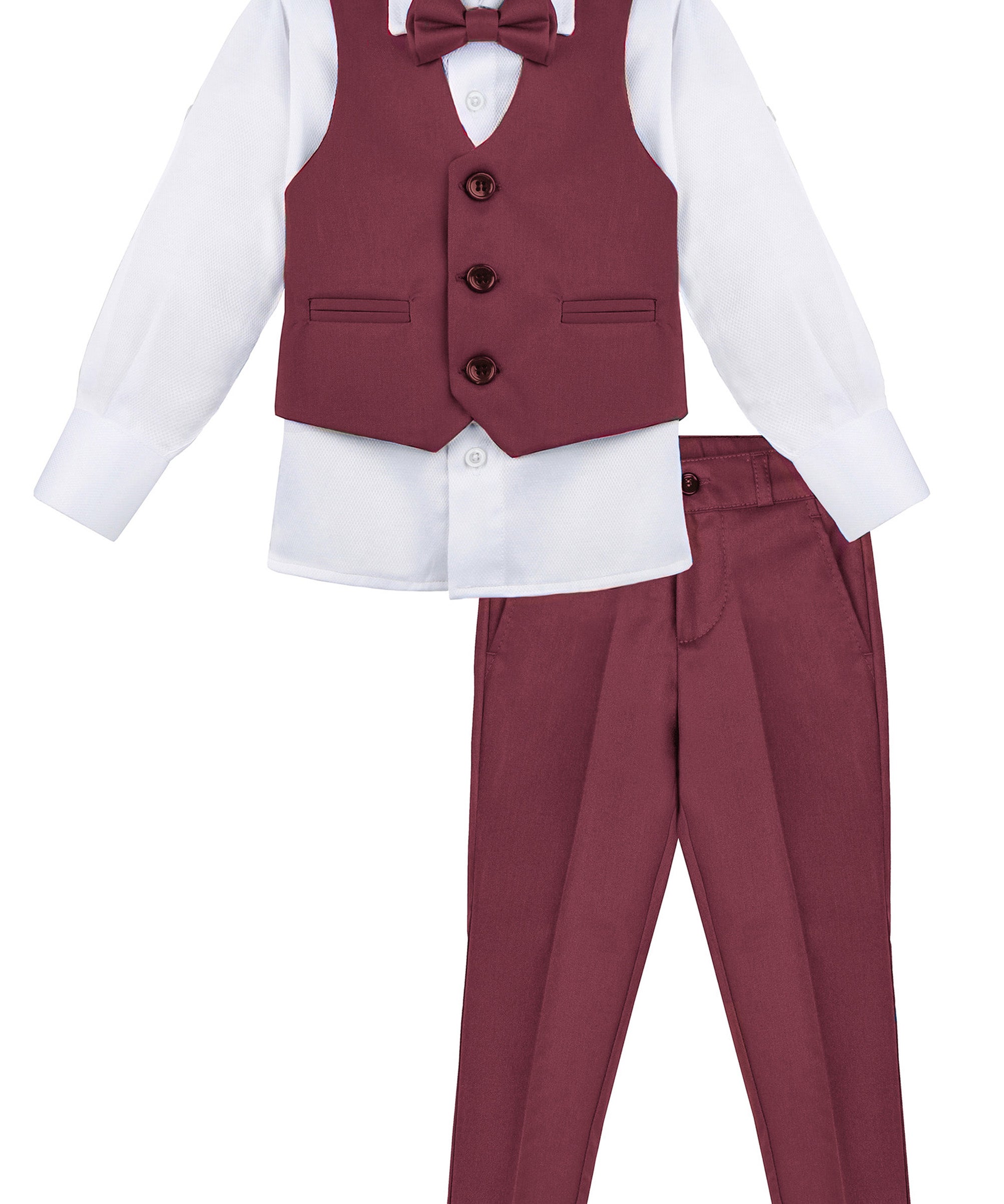 Boys 4 piece tuxedo suit with shirt, pants, vest and bow tie; perfect for baby boy clothes & christmas gift ideas  