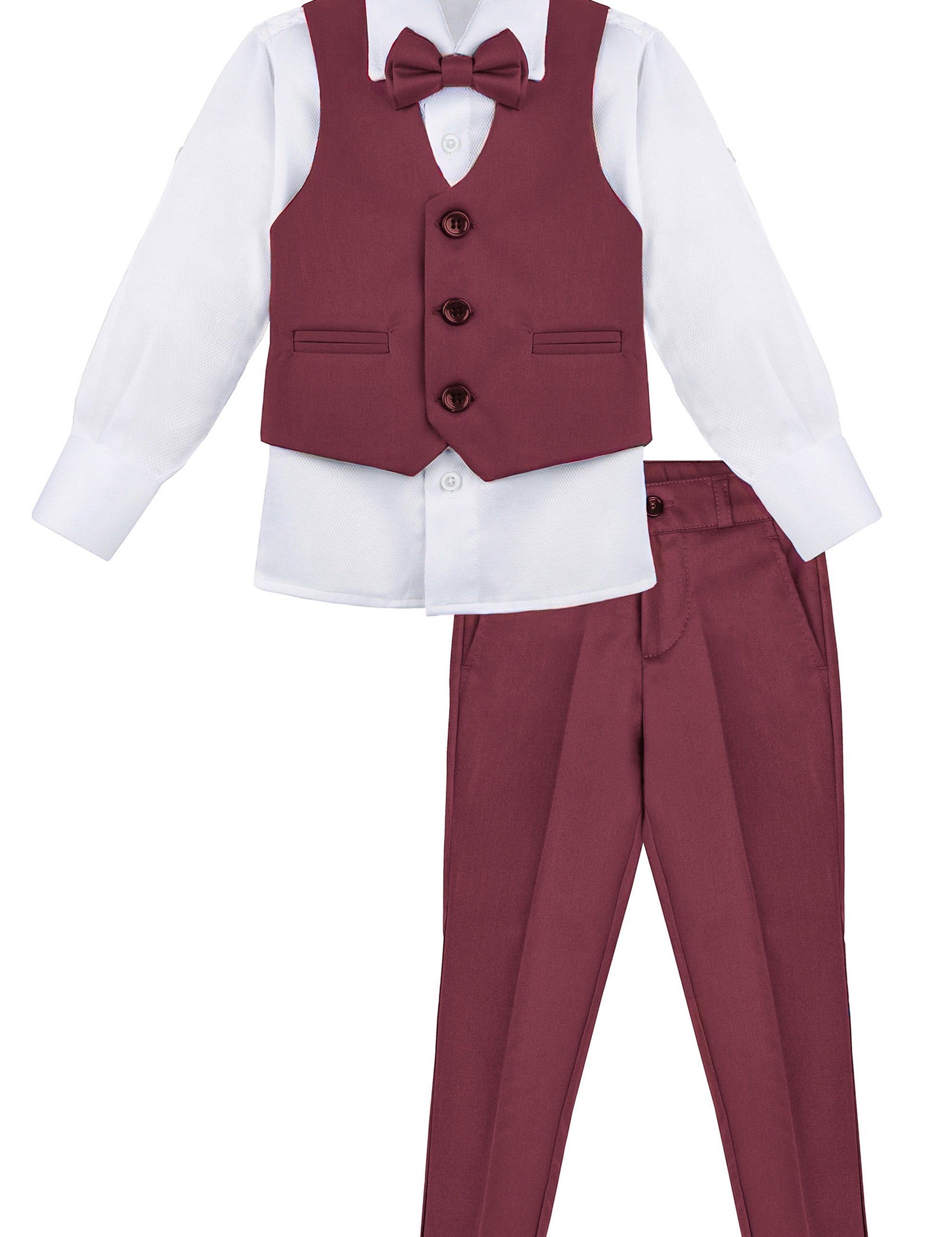 Boys 4 piece tuxedo suit with shirt, pants, vest and bow tie; perfect for baby boy clothes & christmas gift ideas  