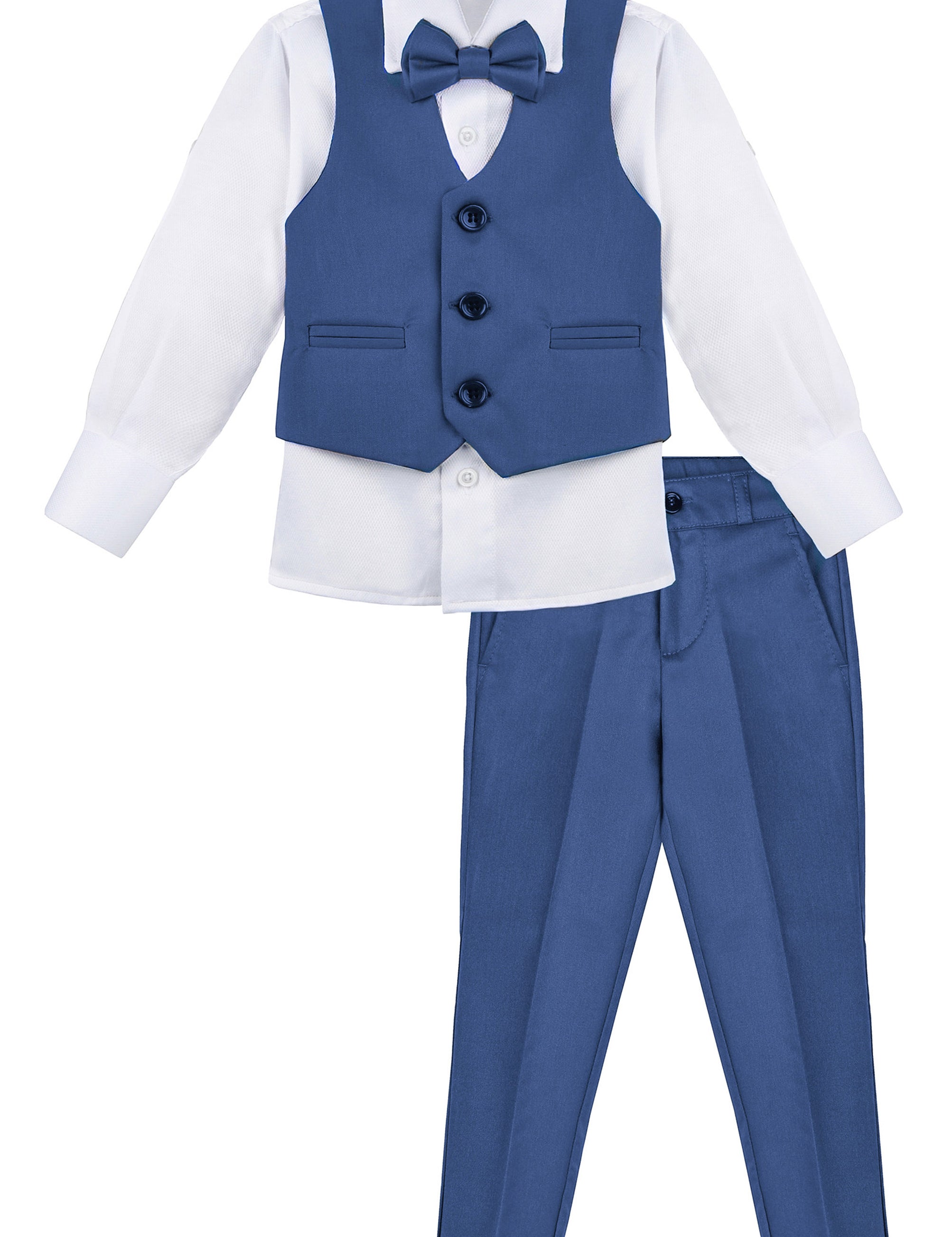 Boys 4 piece tuxedo suit with shirt, pants, vest and bow tie; perfect for baby boy clothes & christmas gift ideas  