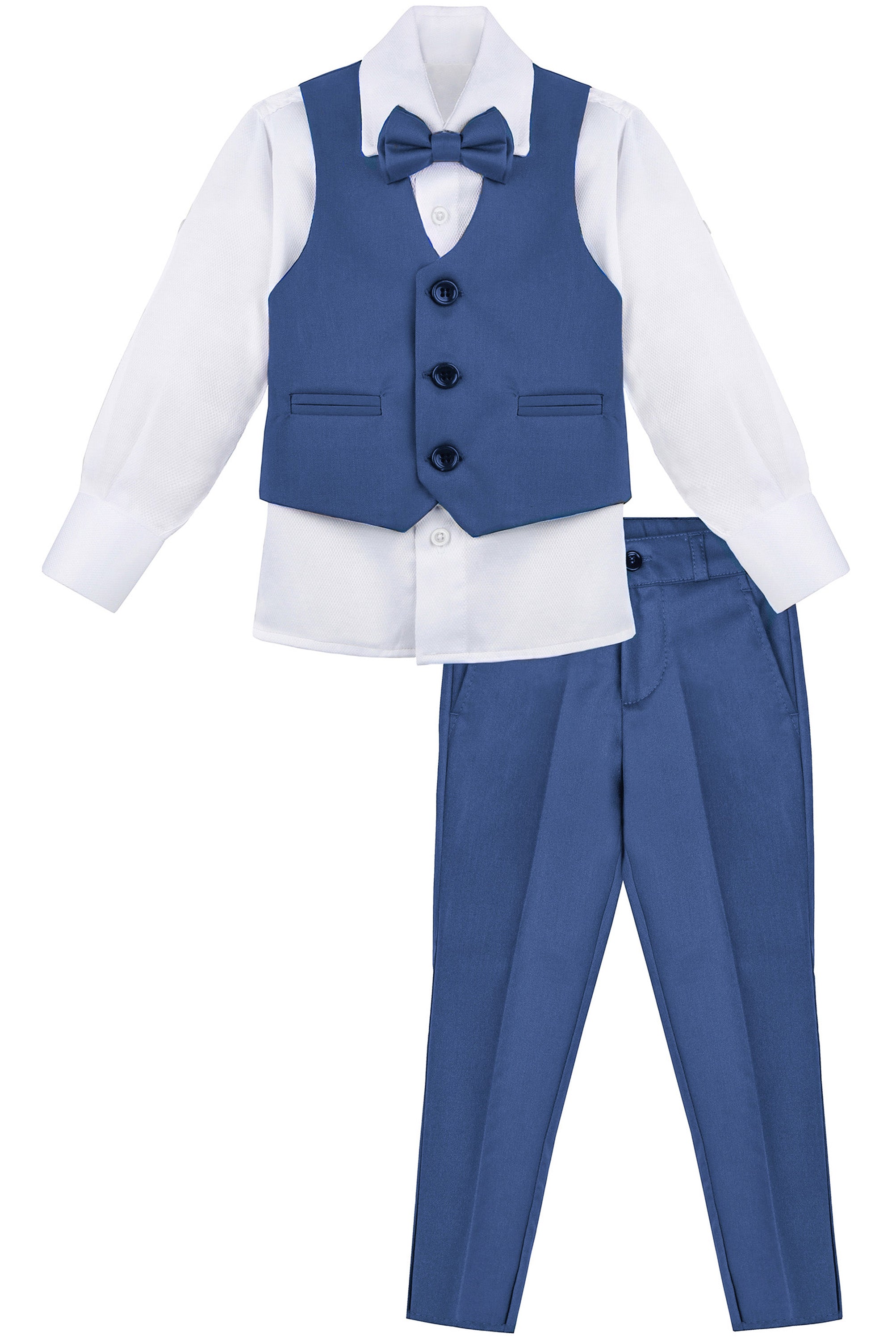 Boys 4 piece tuxedo suit with shirt, pants, vest and bow tie; perfect for baby boy clothes & christmas gift ideas  